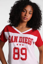 Graphic V-Neck Off-Shoulder Jersey Tee thumbnail 7