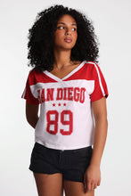 Graphic V-Neck Off-Shoulder Jersey Tee thumbnail 6