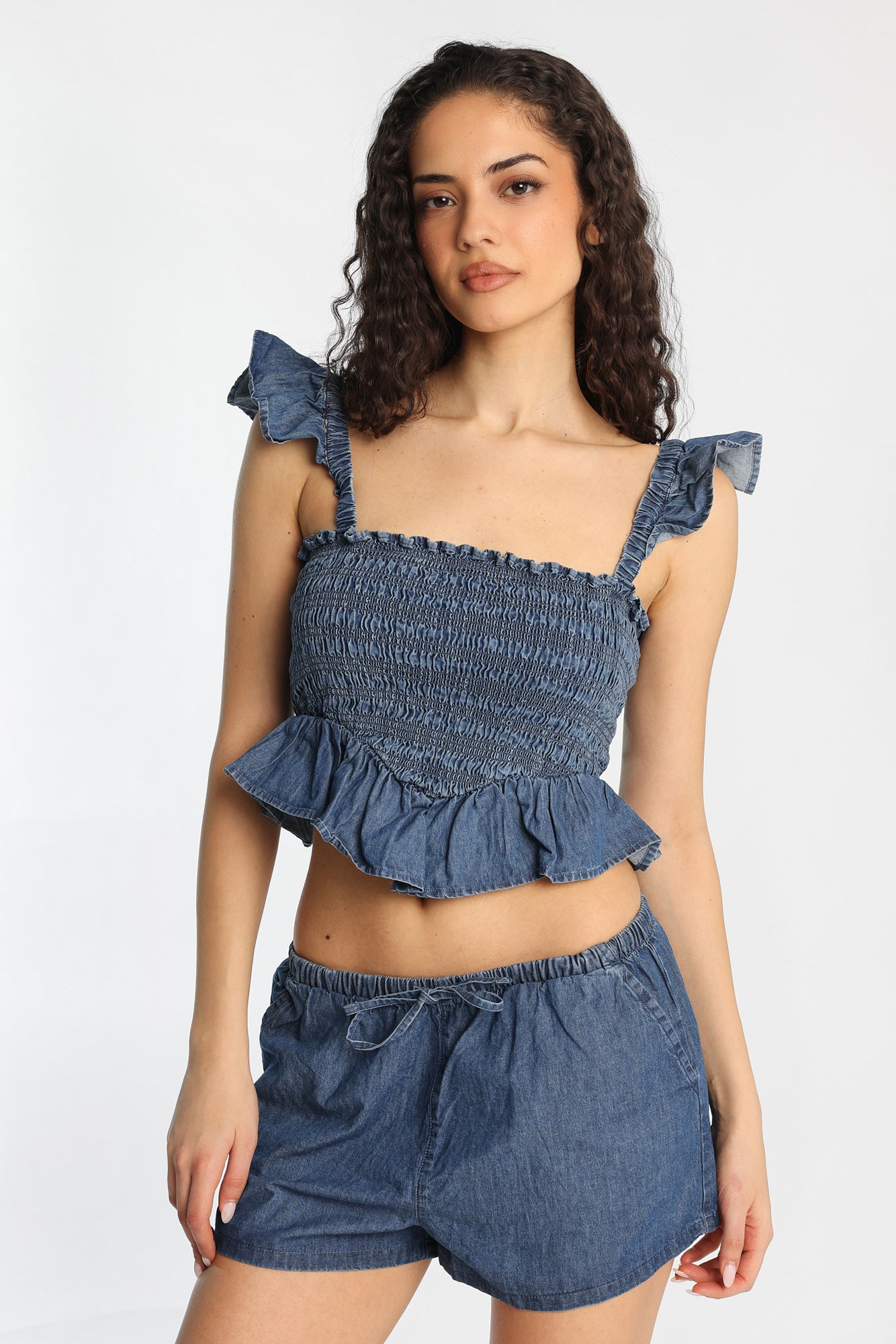 Chambray Flutter Sleeve Smocked Top