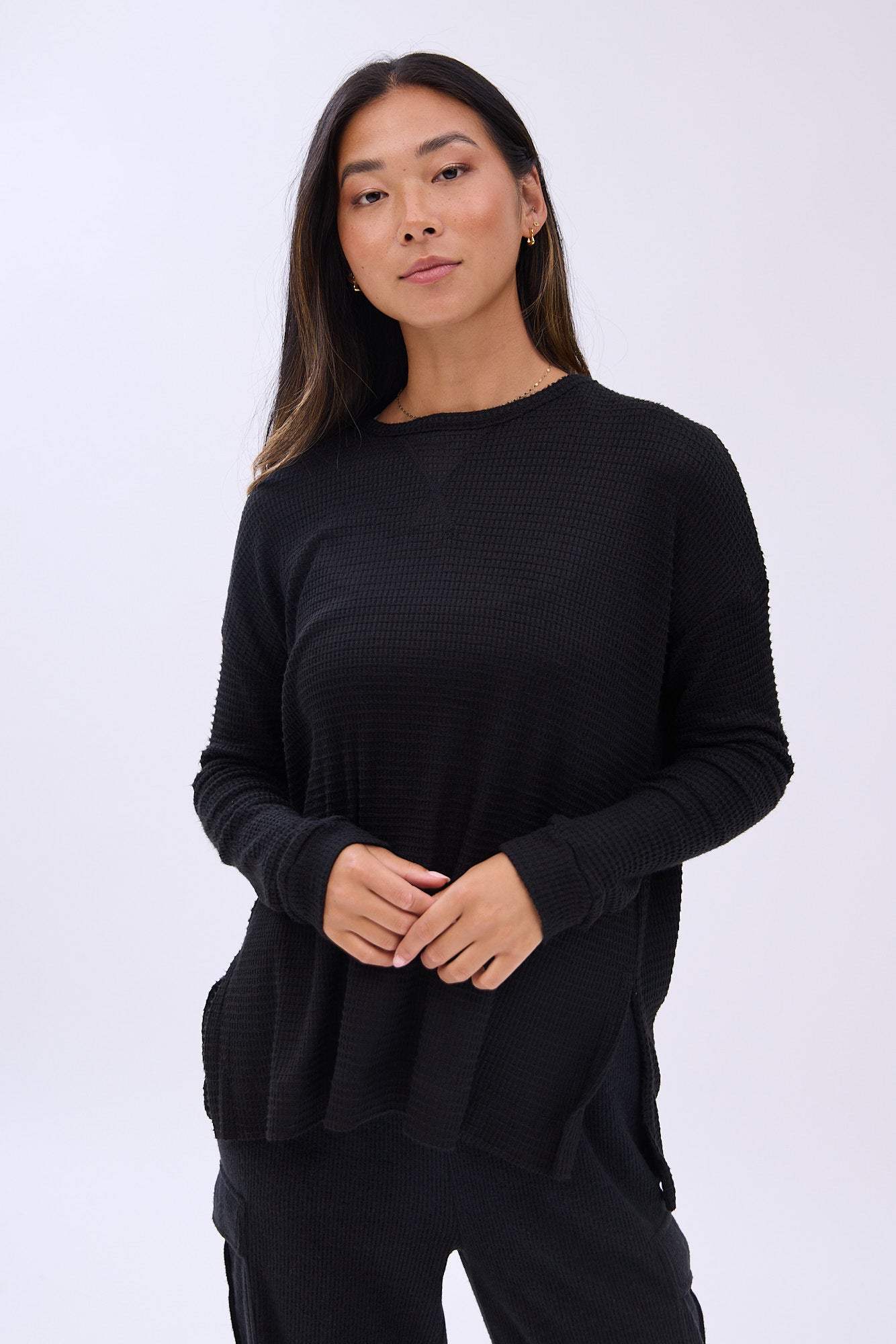 Waffle Knit Oversized Long Sleeve Tee