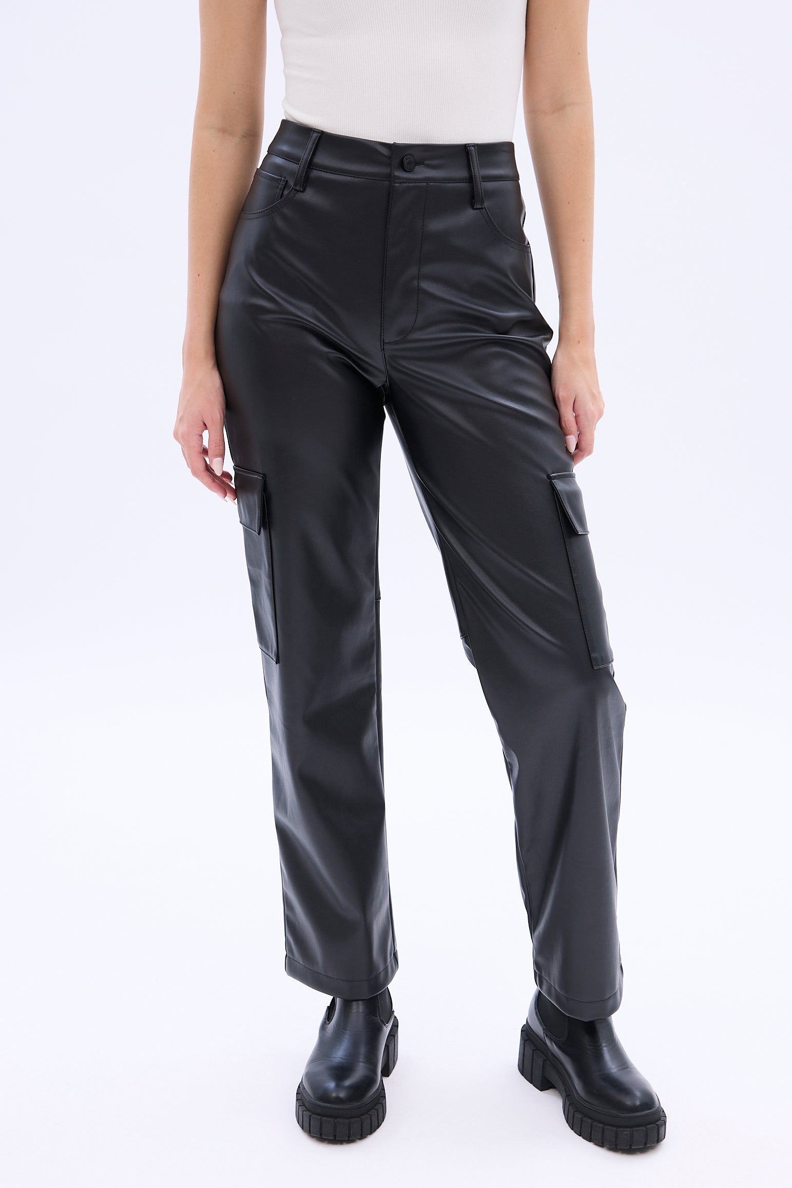 High Rise Faux Leather Cargo Straight Pant – Bluenotes