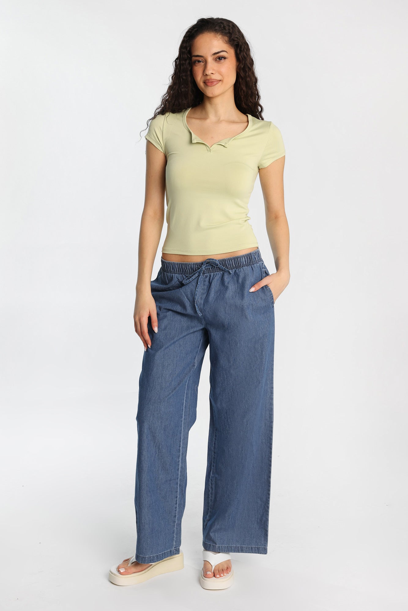 Chambray Drawstring Wide Leg Pants – Bluenotes