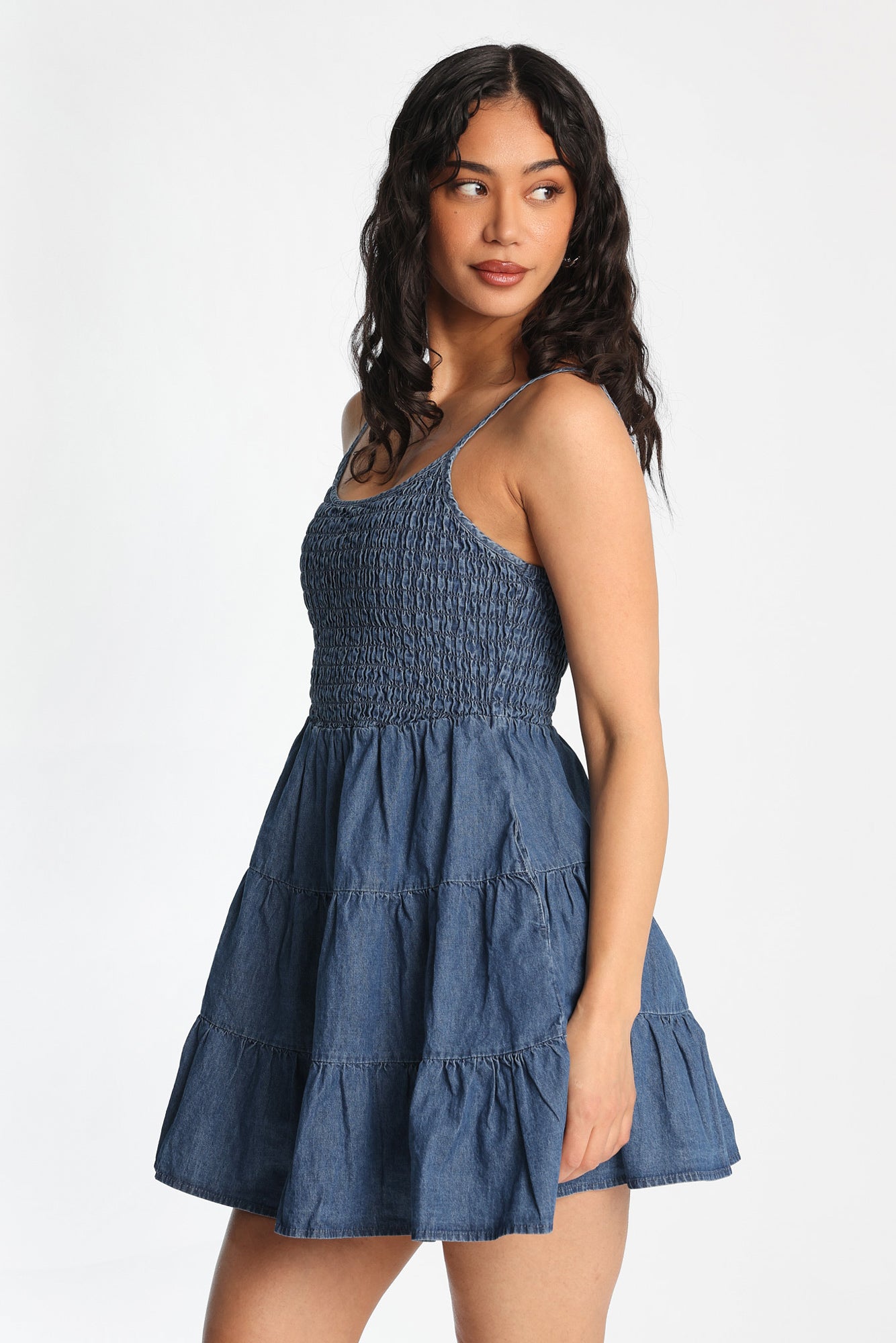 Chambray Smocked Tiered Mini Dress