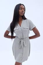 Short Sleeve Button-Up Cargo Pocket Dress With Belt thumbnail 1