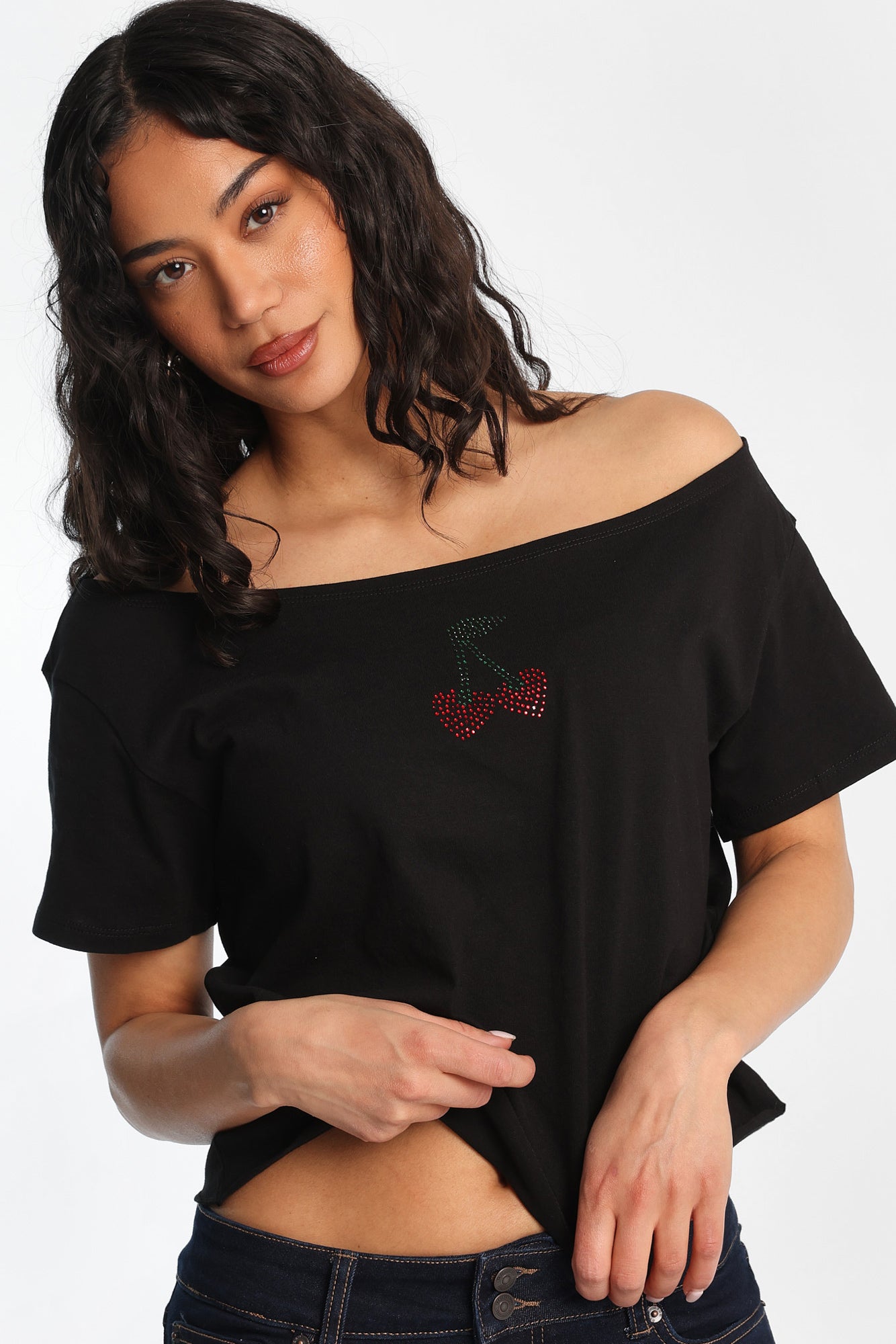 Cherries Graphic Off-Shoulder Short Sleeve Tee