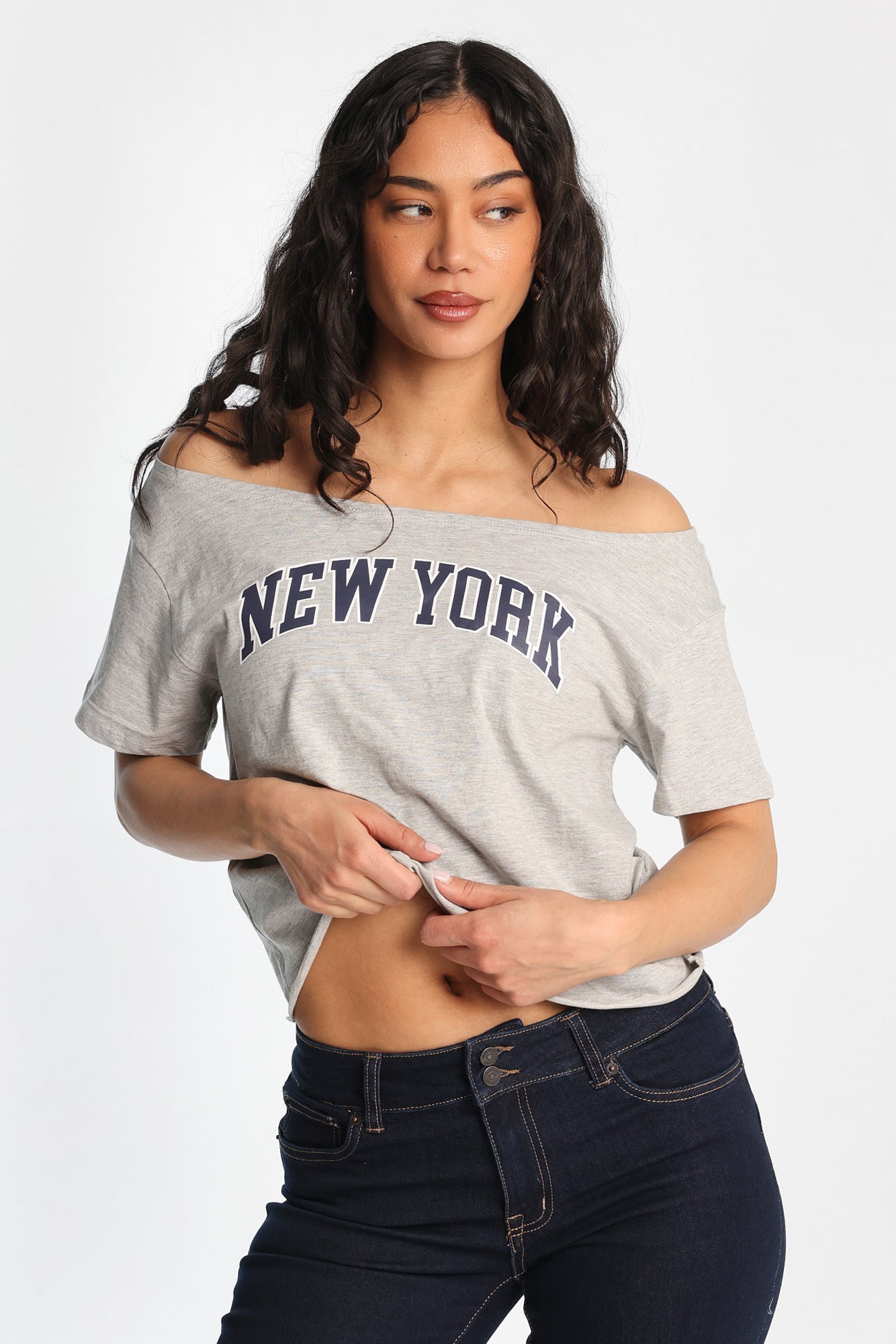New York Graphic Off-Shoulder Short Sleeve Tee