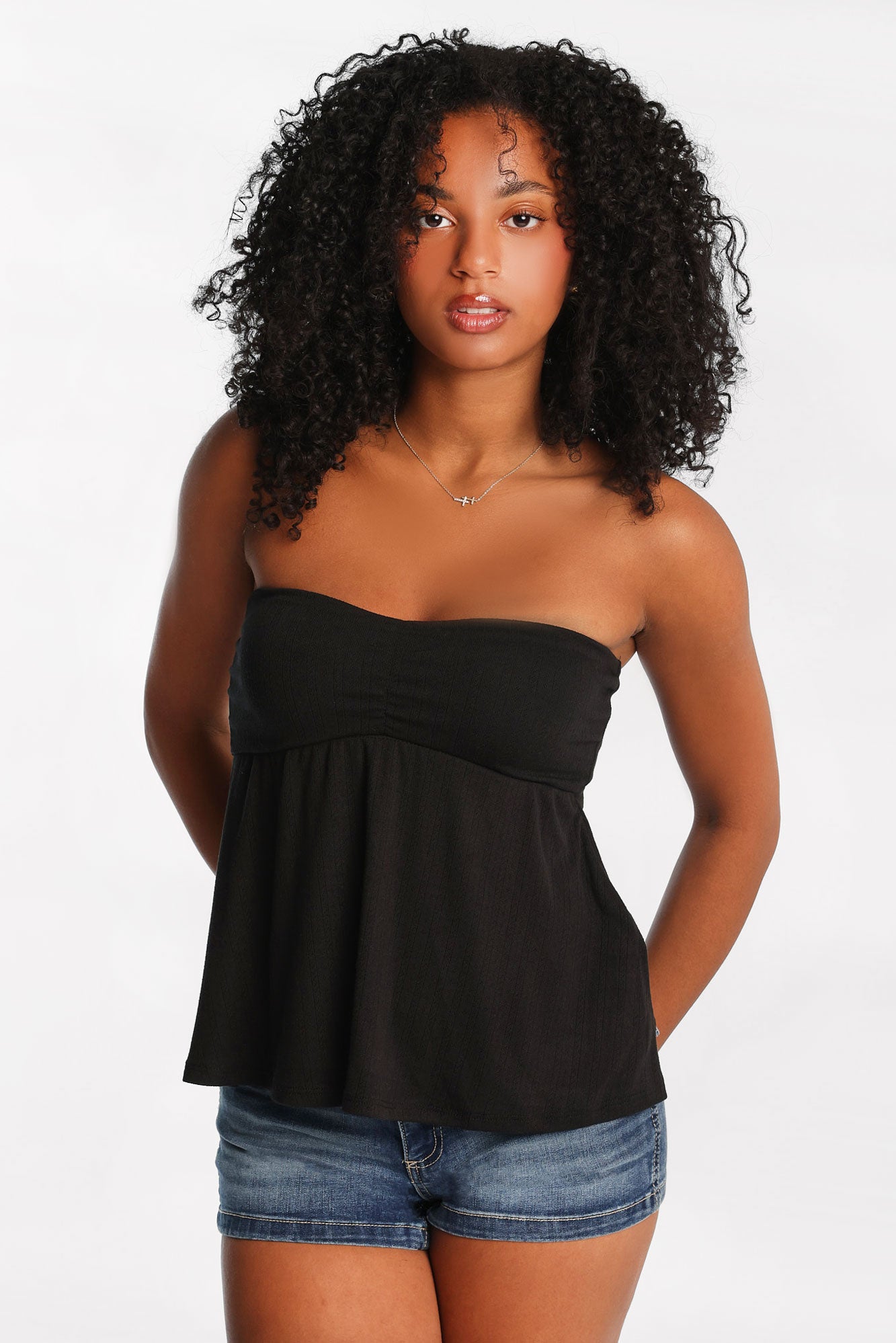 Pointelle Knit Strapless Babydoll Top