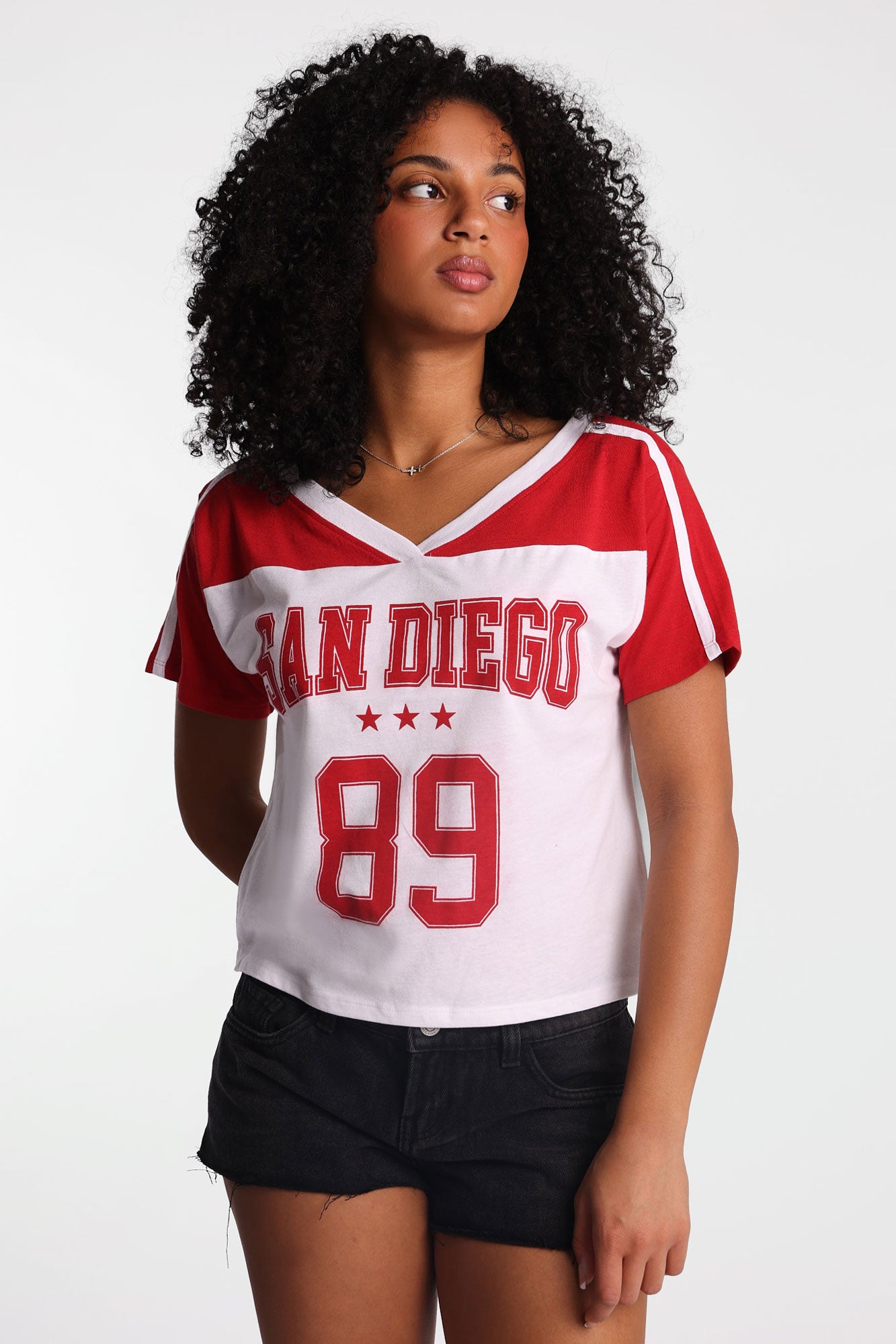 Graphic V-Neck Off-Shoulder Jersey Tee