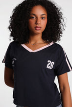 Graphic V-Neck Off-Shoulder Jersey Tee thumbnail 10