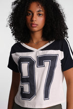 Graphic V-Neck Off-Shoulder Jersey Tee thumbnail 2