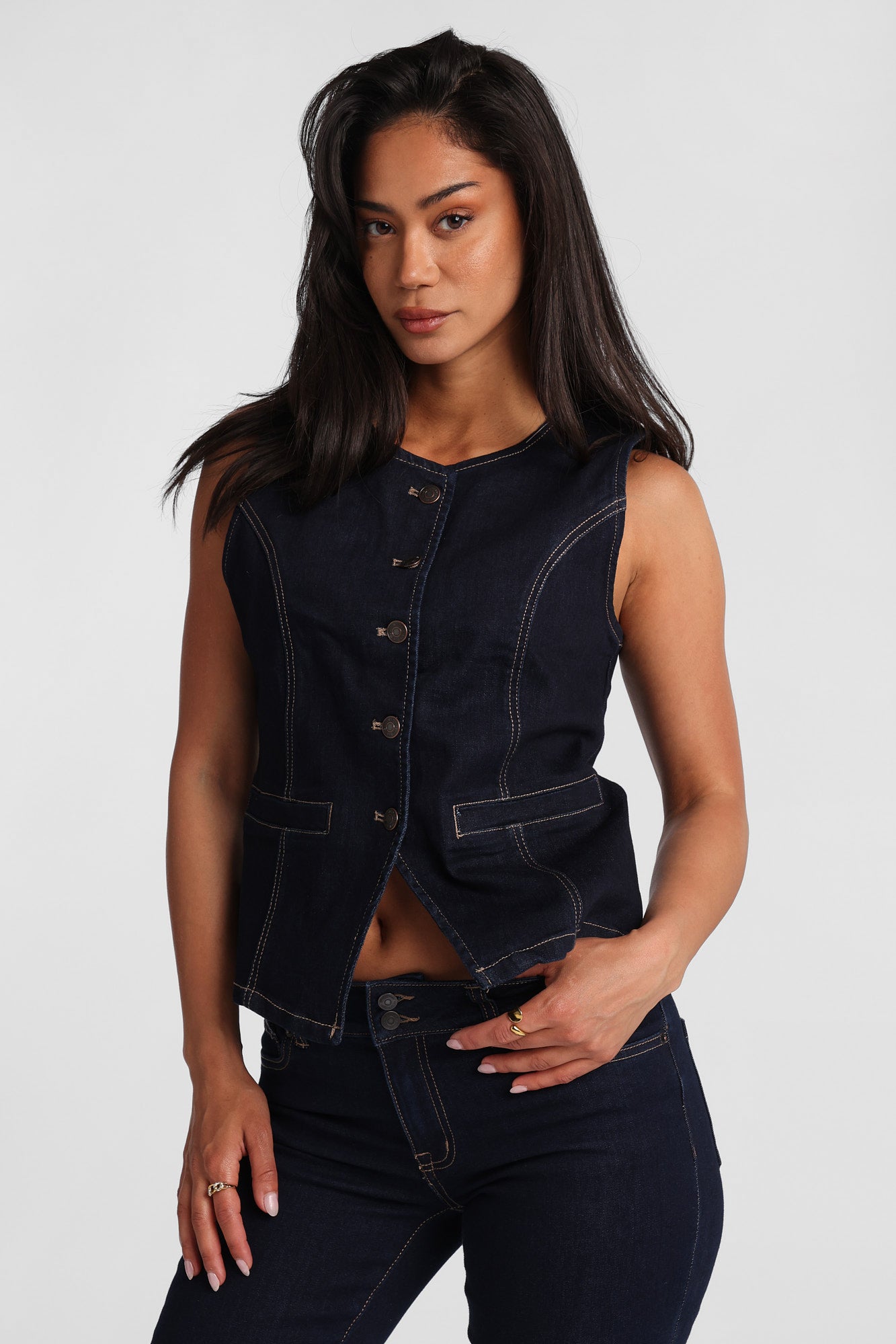 Button-Up Crew Neck Denim Vest