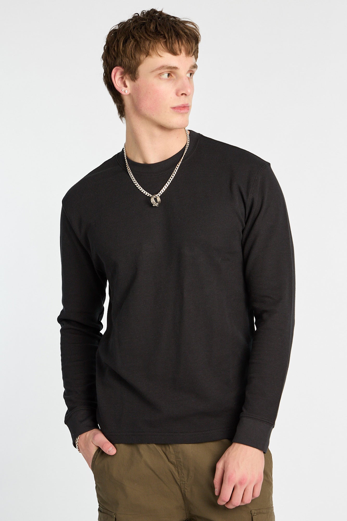 Thermal Waffle Knit Crew Neck Long Sleeve Tee
