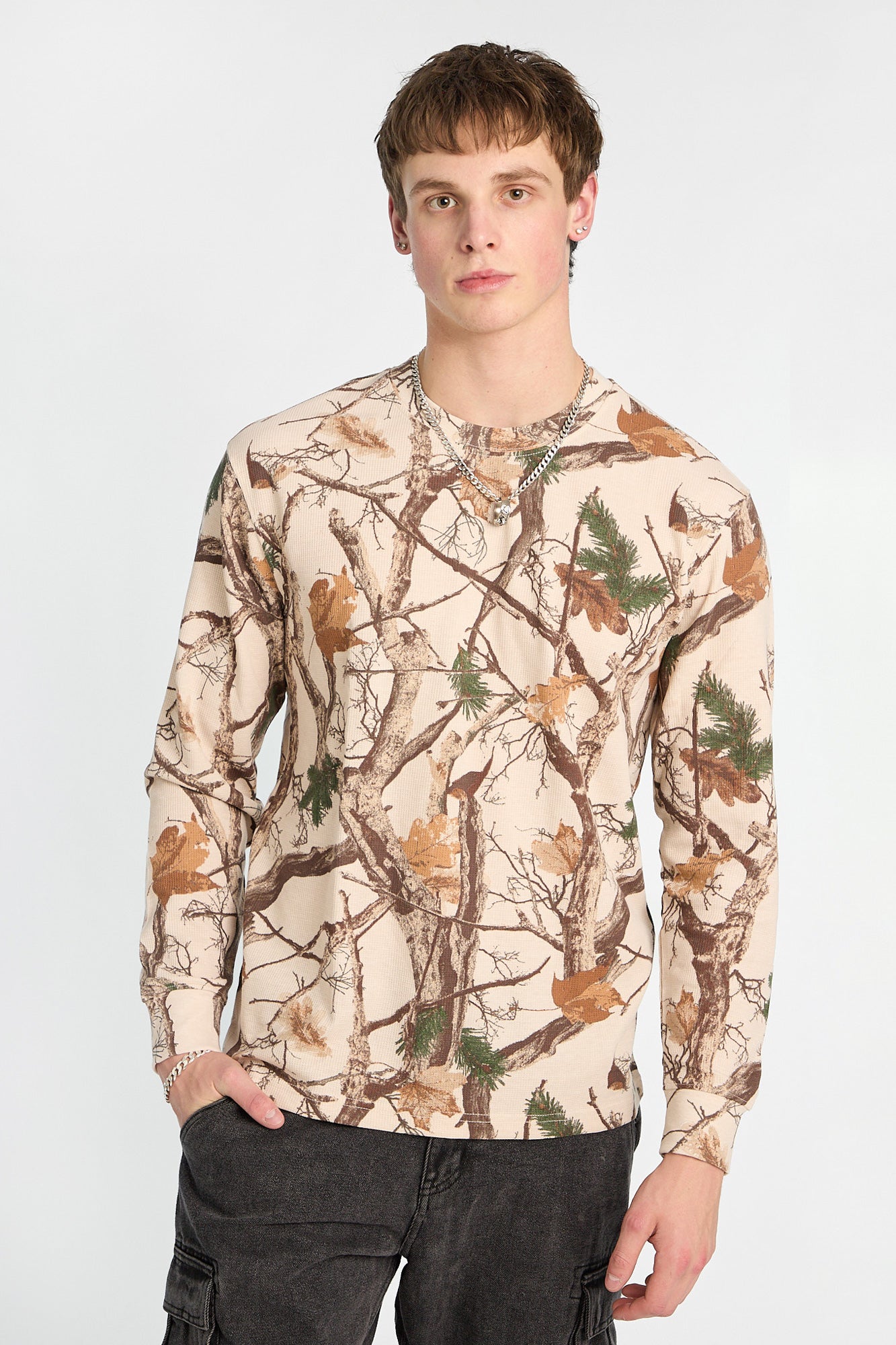 Thermal Waffle Knit Crew Neck Long Sleeve Tee