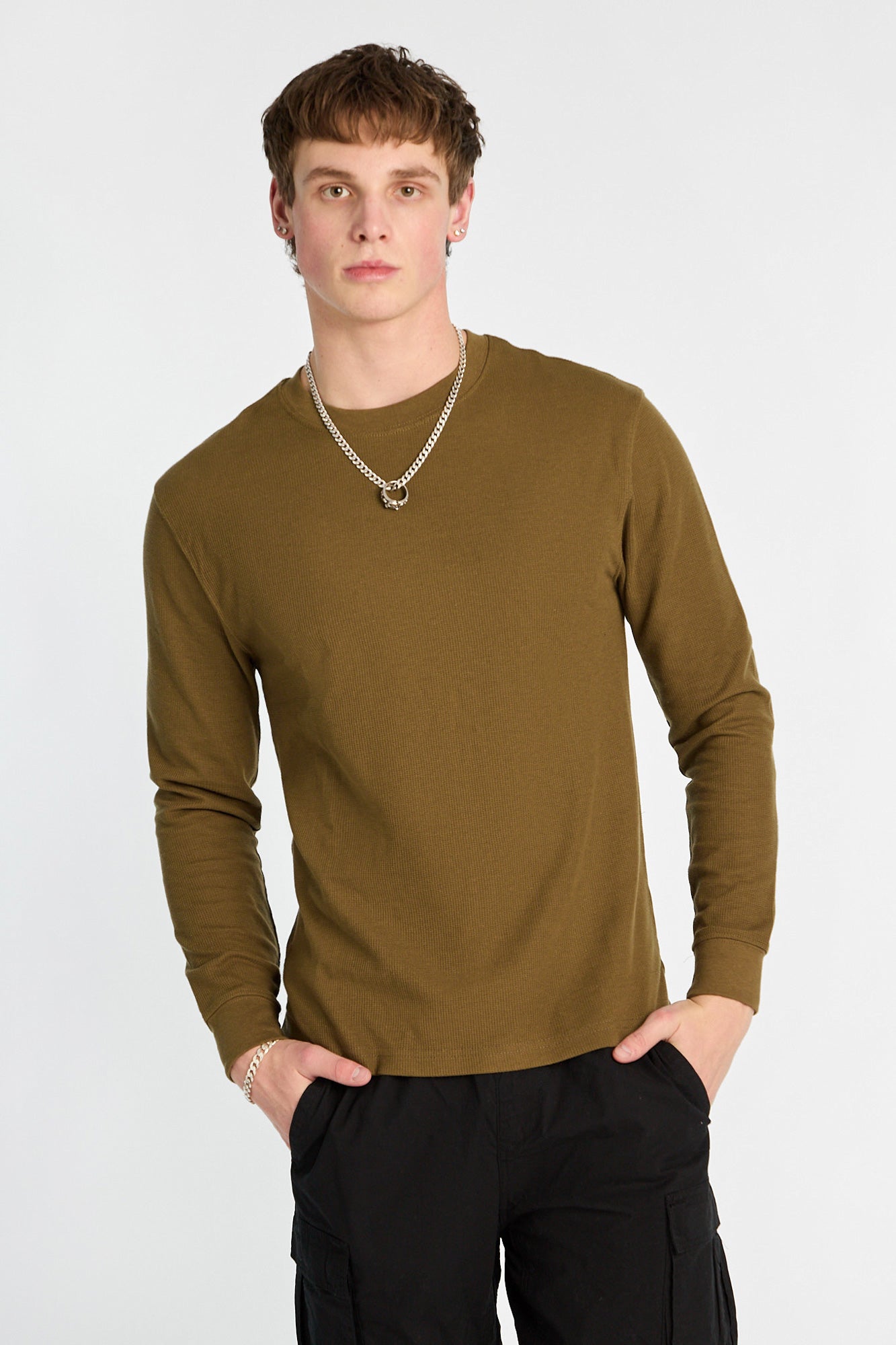 Thermal Waffle Knit Crew Neck Long Sleeve Tee