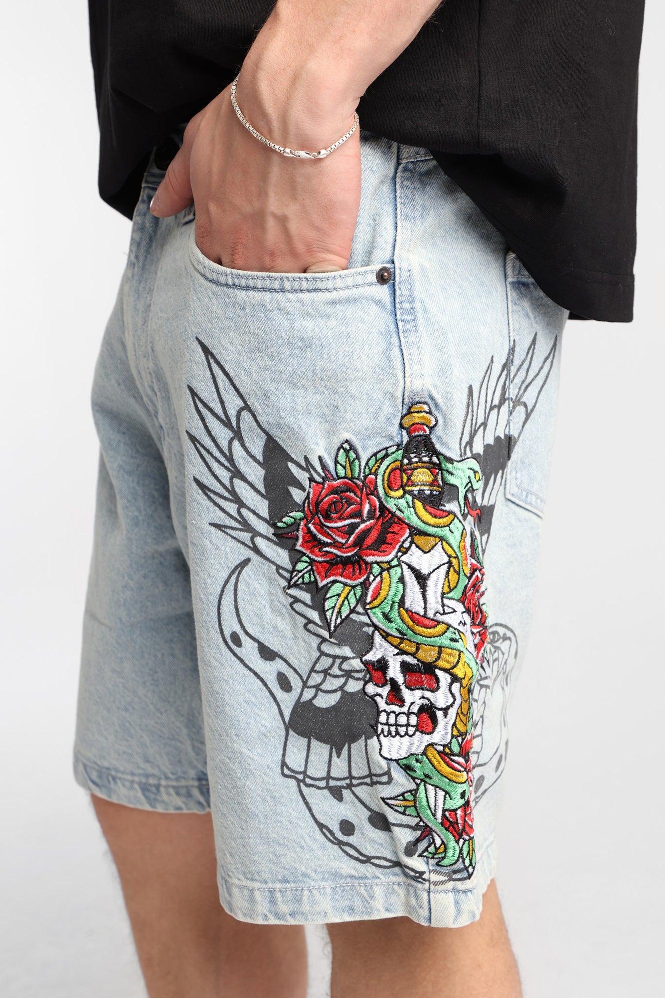 Skull Sword Cobra & Rose Embroidered Loose Denim Shorts