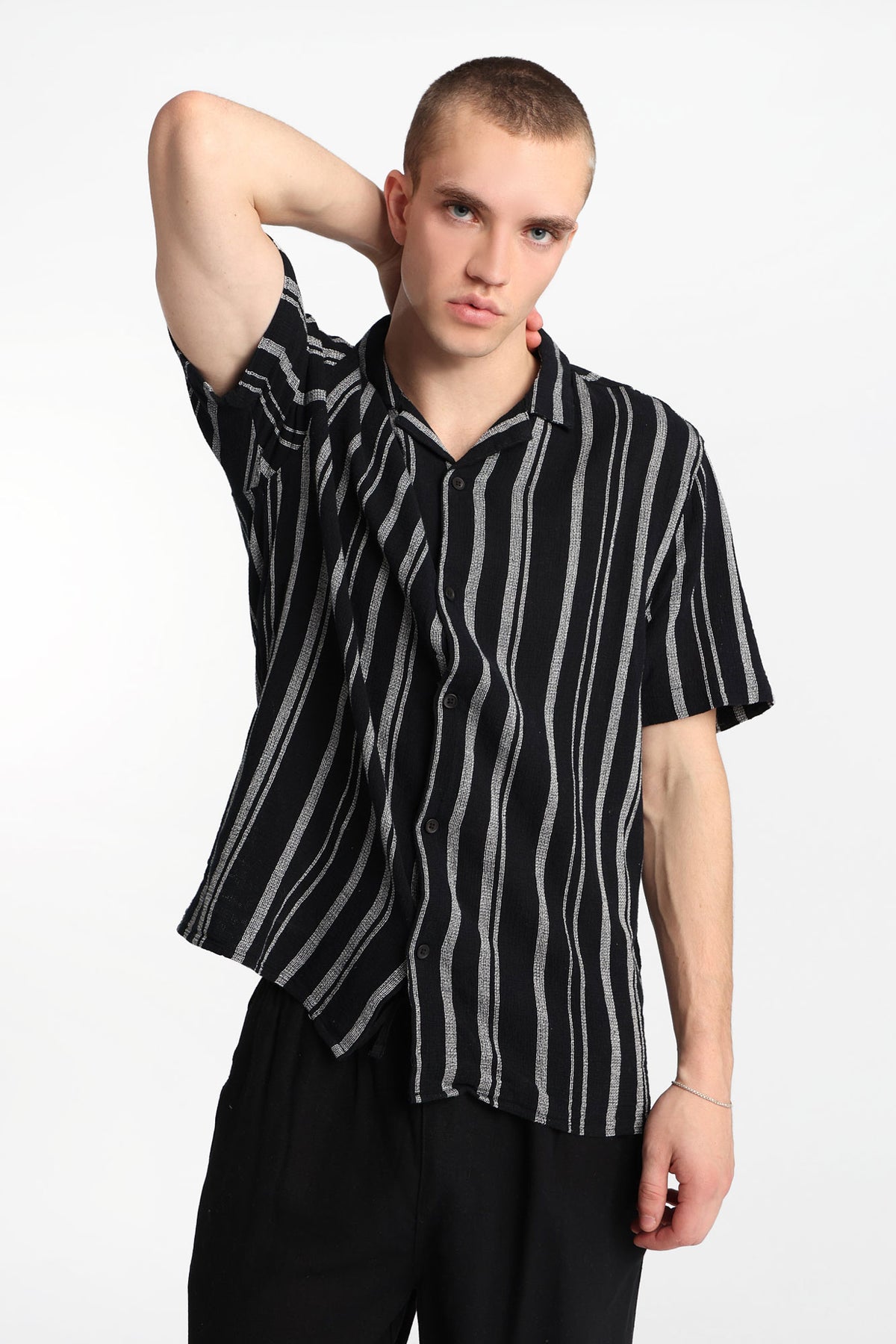 Striped Gauze Cotton Button-Up Shirt