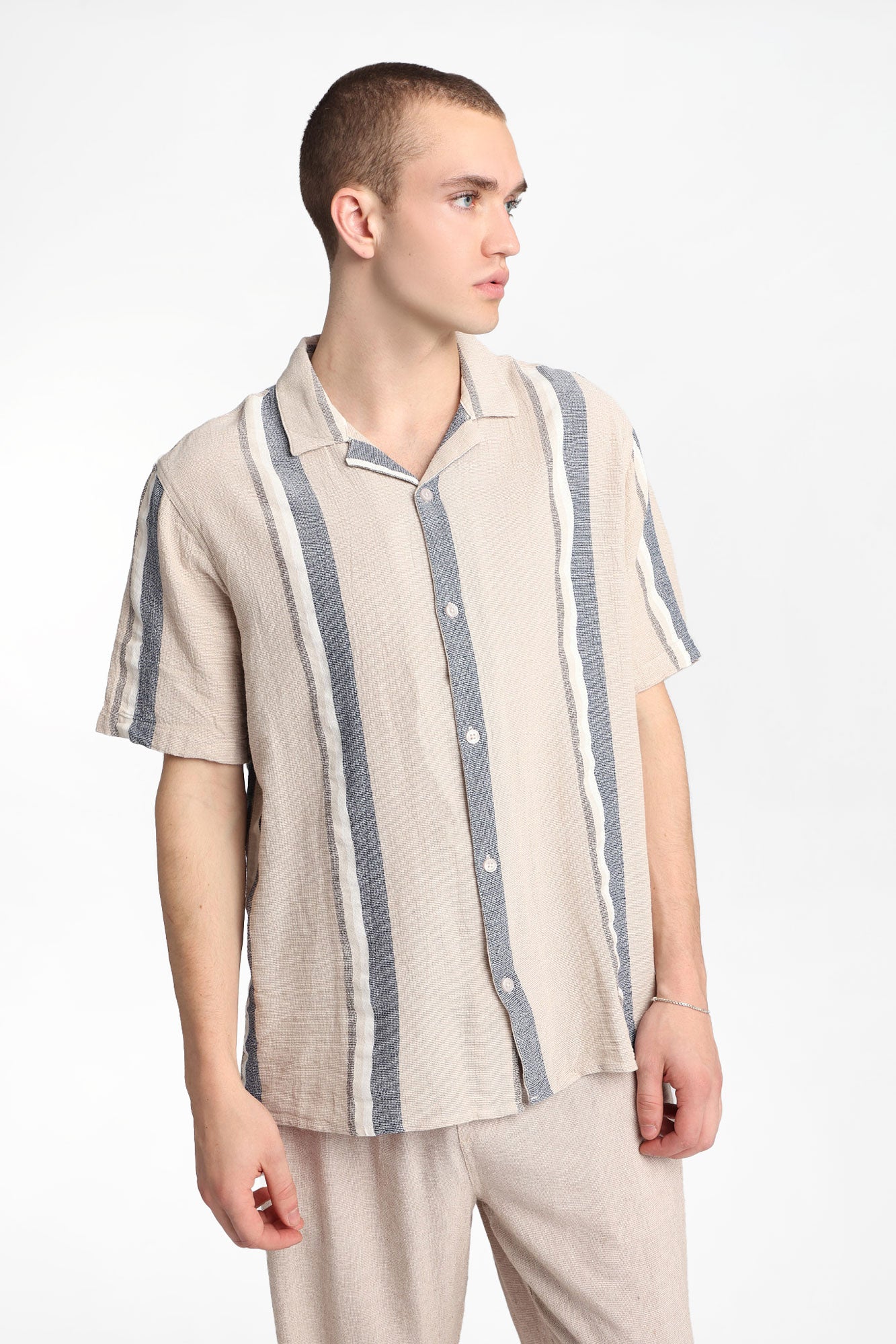Thick Striped Gauze Cotton Button-Up Shirt