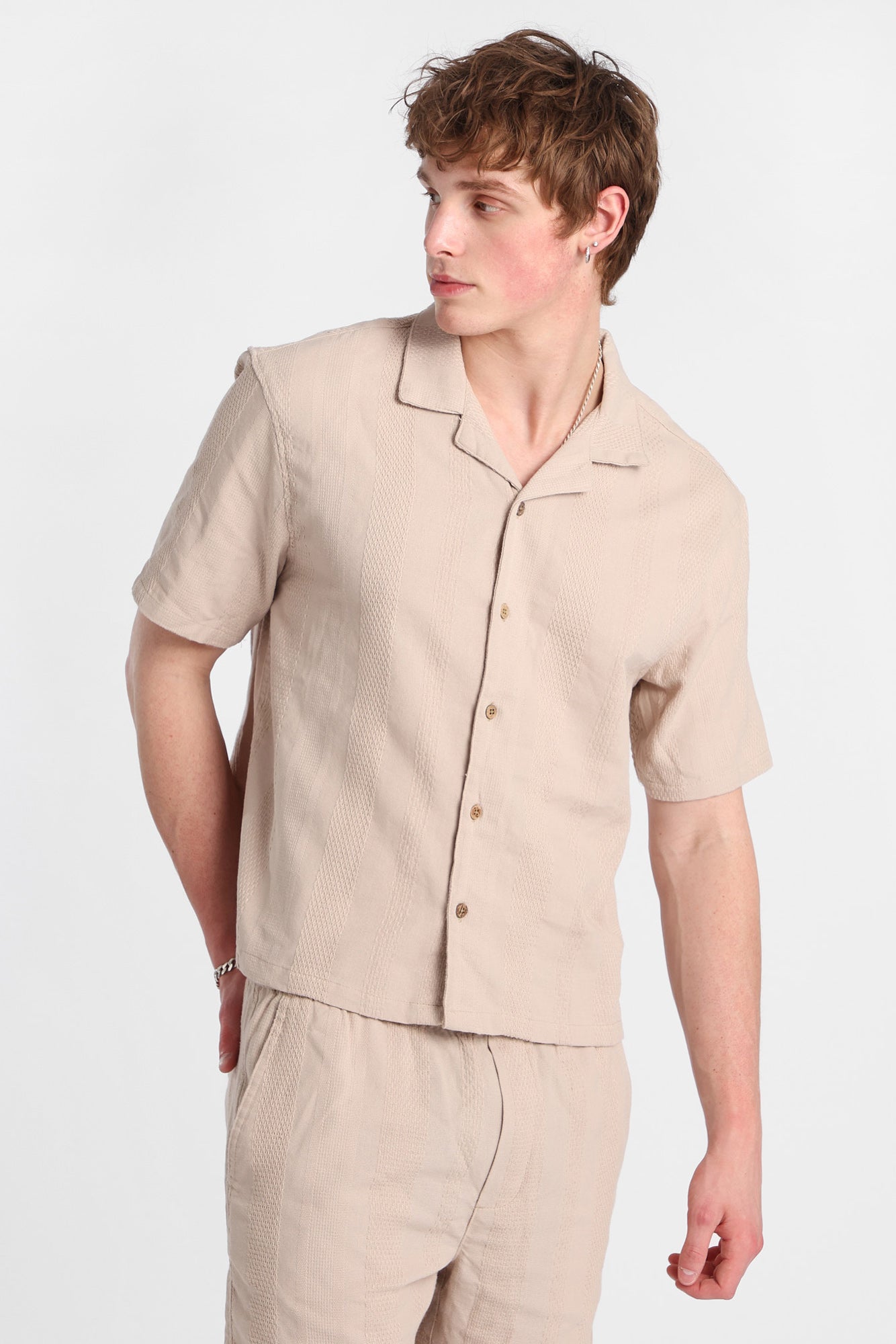 Textured Vertically Striped Short Sleeve Shirt