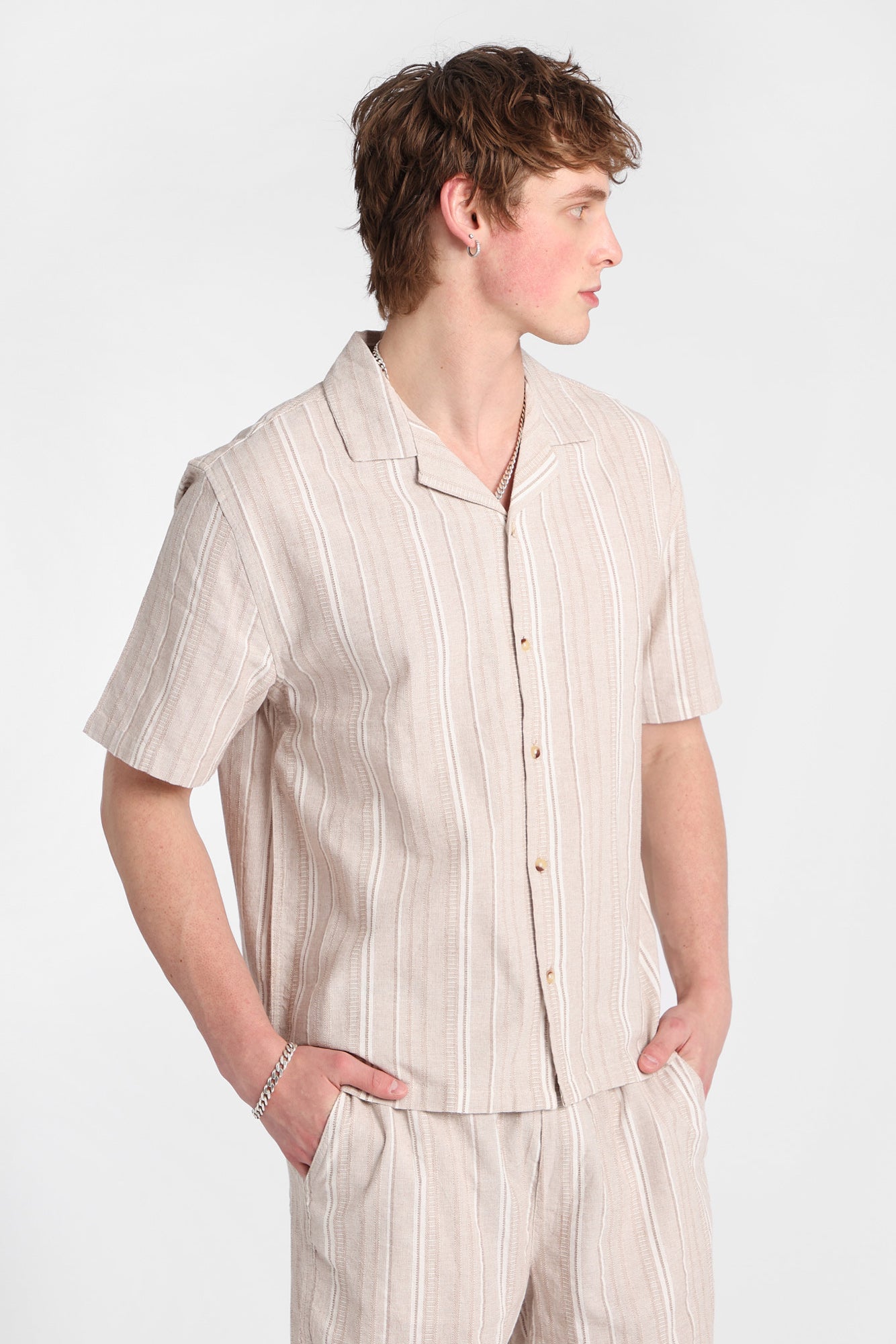 Textured Knit Multi-Striped Short Sleeve Button-Up Shirt