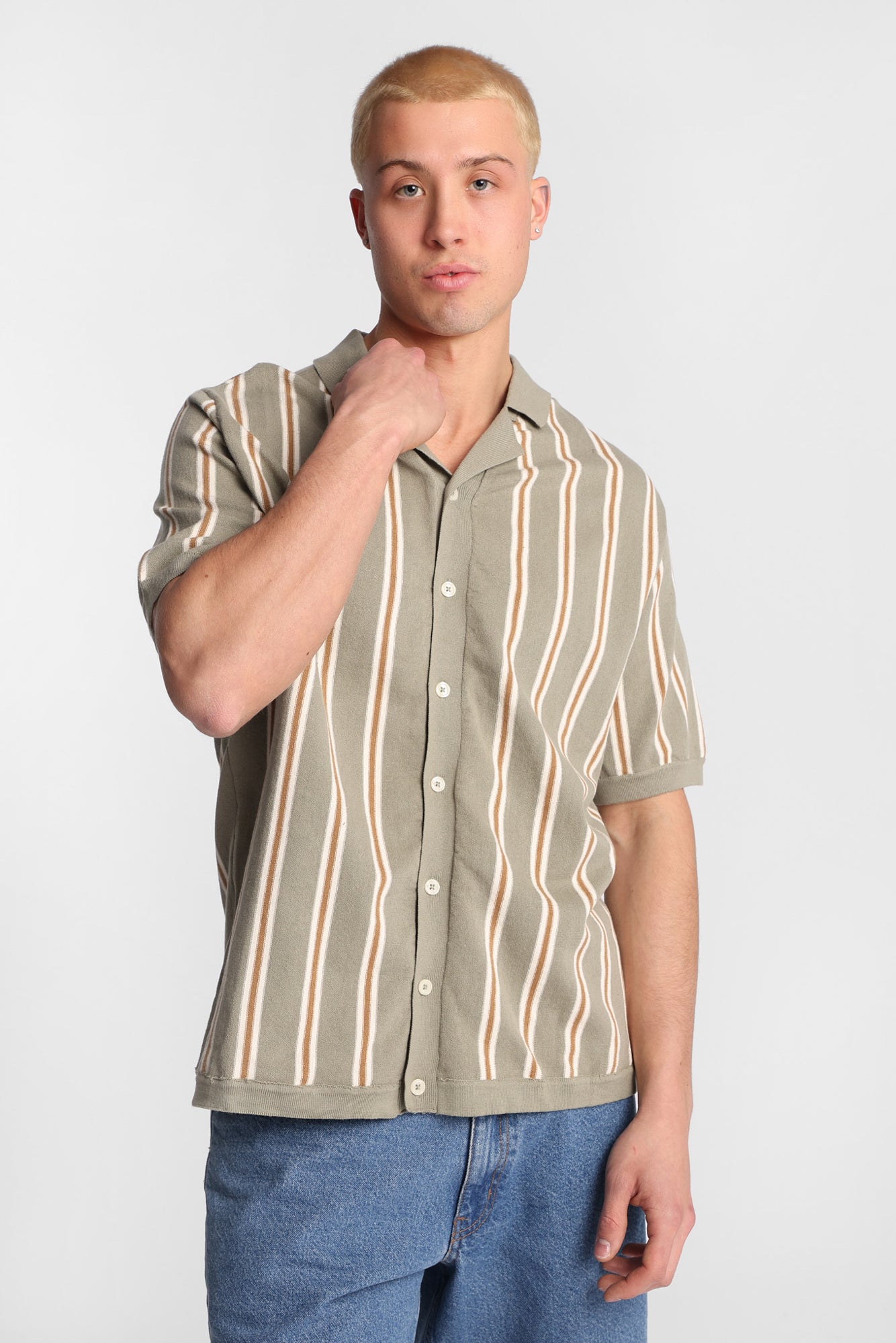 Reverse Knit Striped Short Sleeve Button-Up Shirt