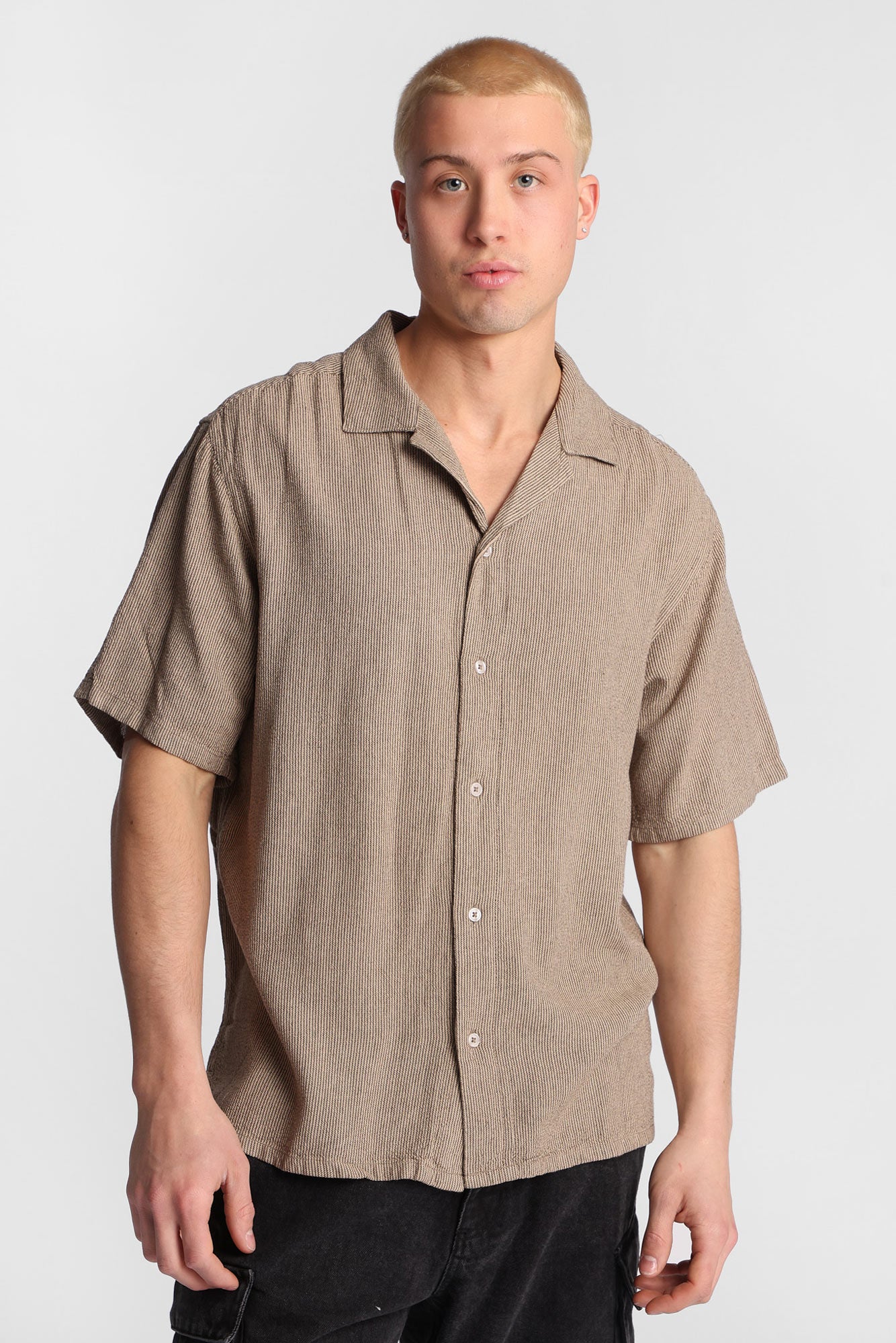 Linen-Blend Short Sleeve Button-Up Striped Shirt