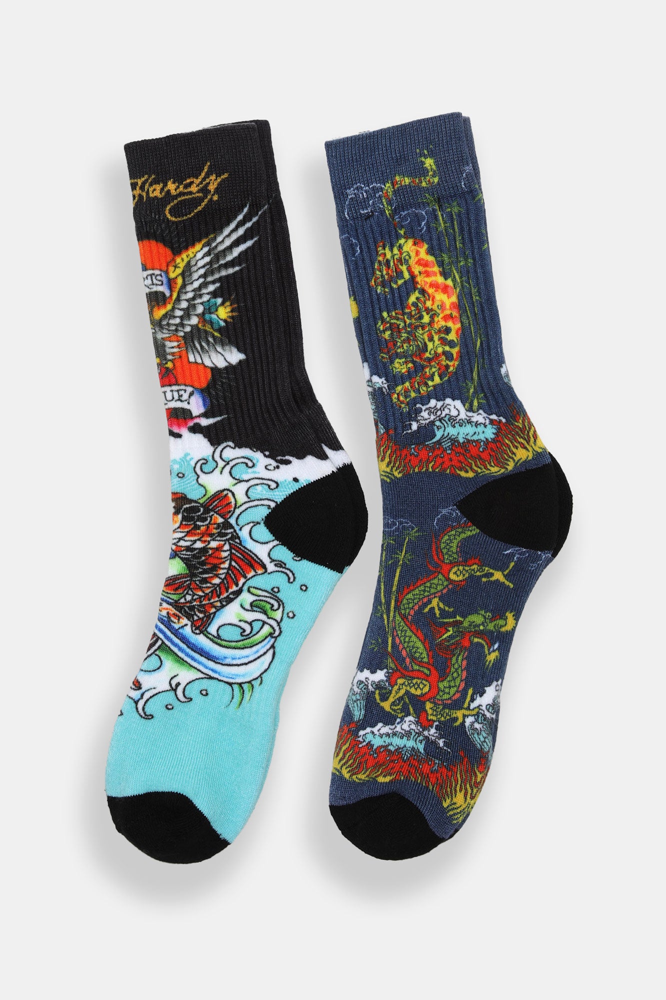 Ed Hardy Fish & Dragons Printed Crew Socks 2-Pack