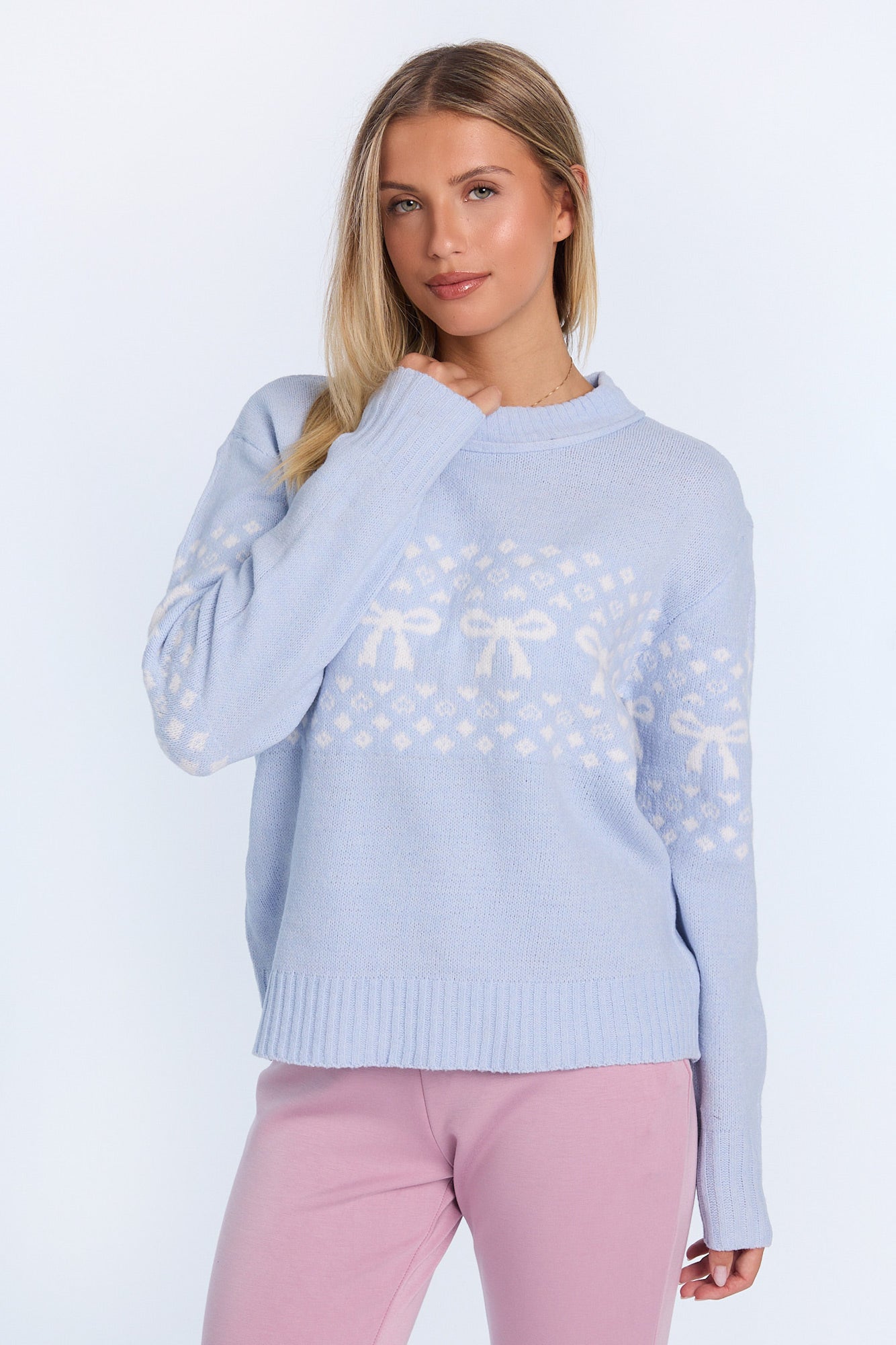 Graphic Flat Knit Crew Neck Sweater