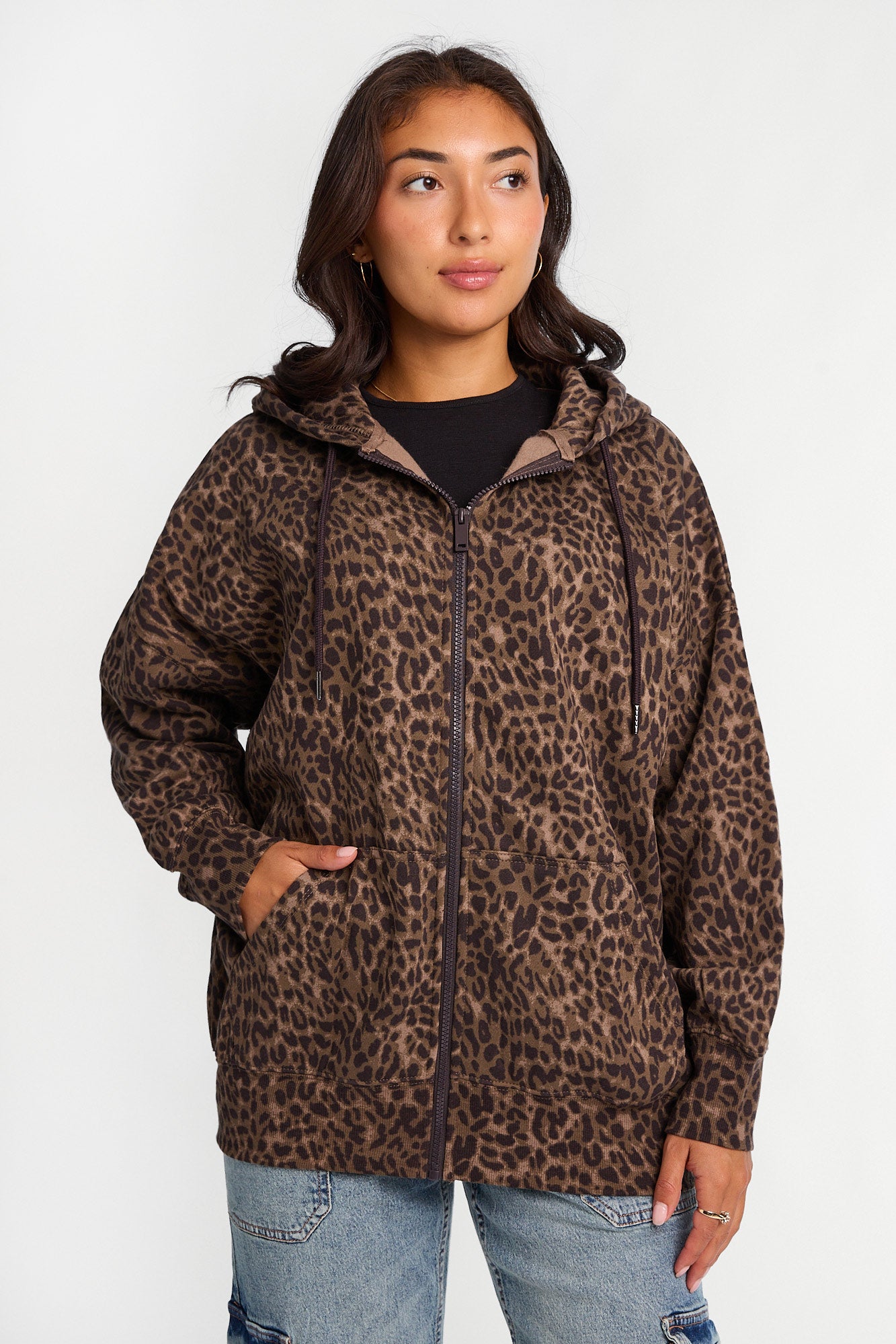 Chandail à capuche en molleton surdimensionné zippé motif léopard