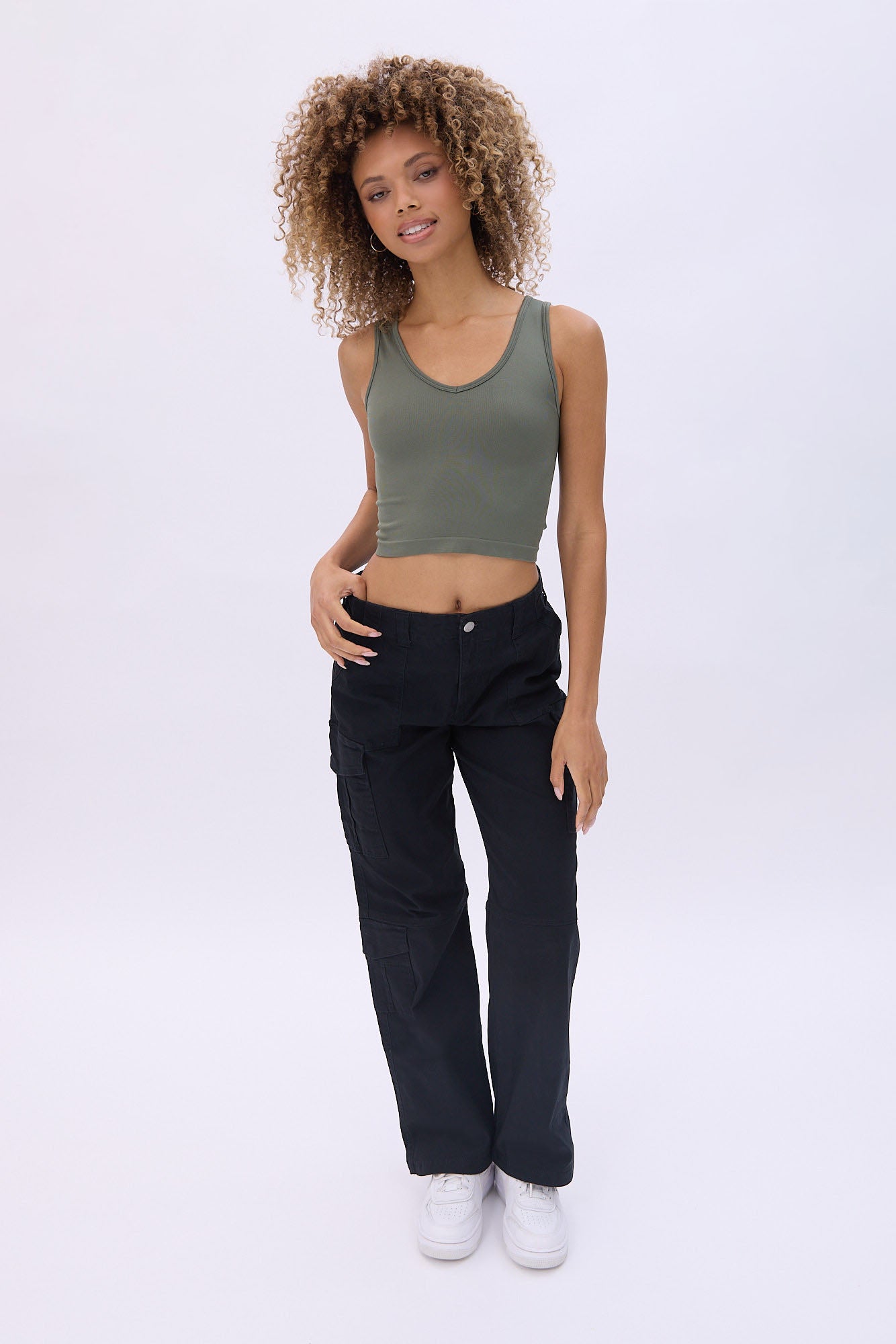 High Rise Straight Leg Cargo Twill Pants