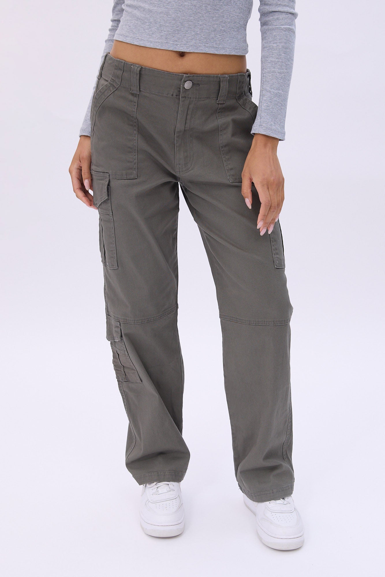 High Rise Straight Leg Cargo Twill Pants