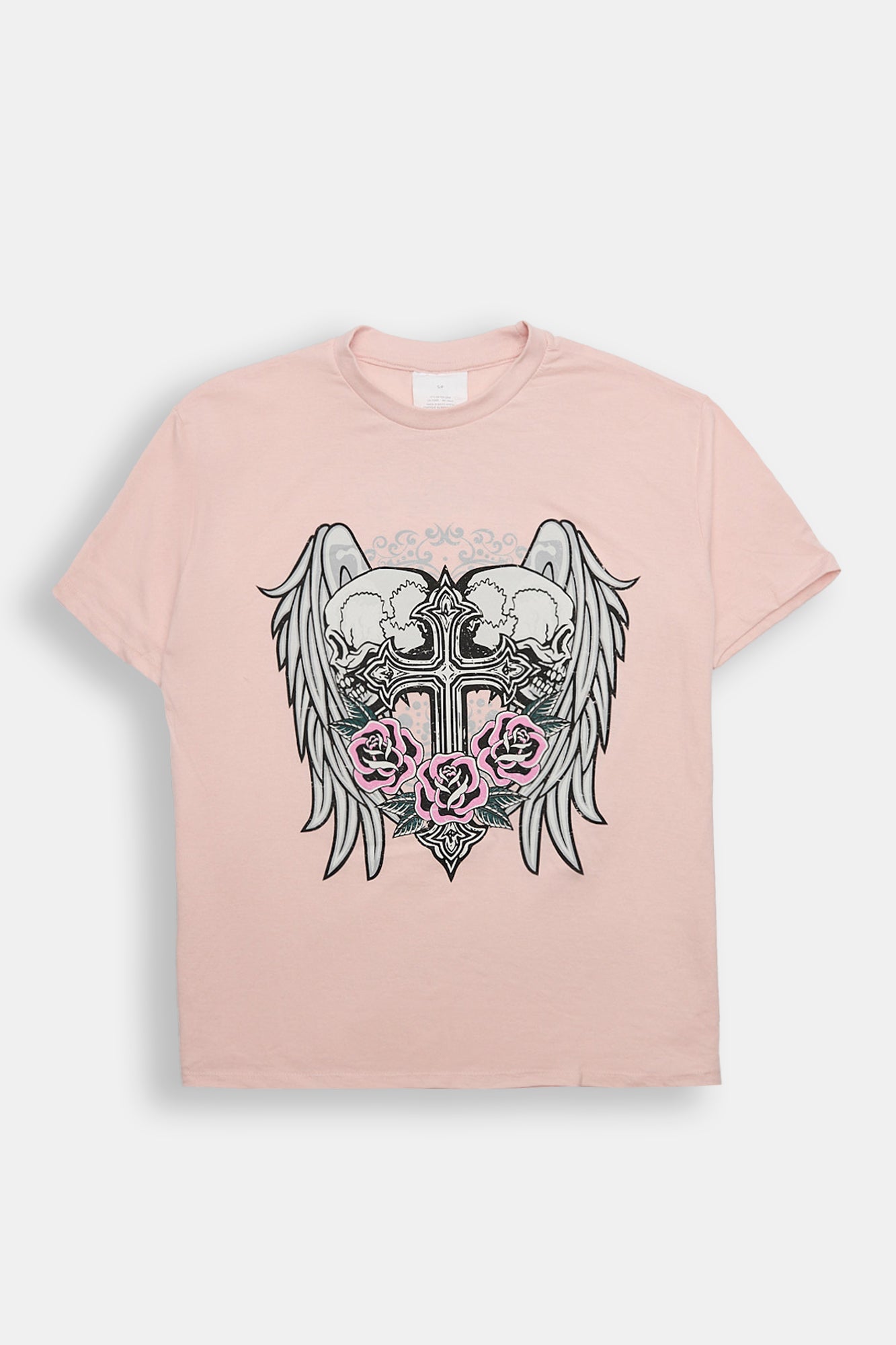 T-shirt coupe garçonne imprimé Crâne Ailes Roses Cur Croix