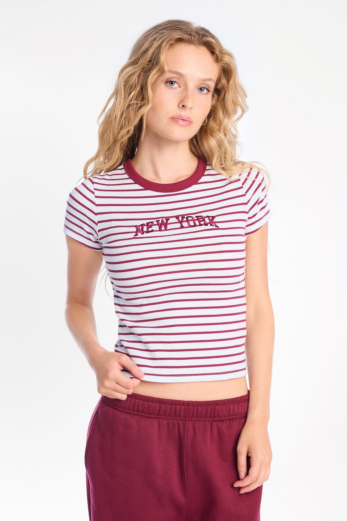 New York Embroidered Ribbed Knit Striped Crew Neck Tee