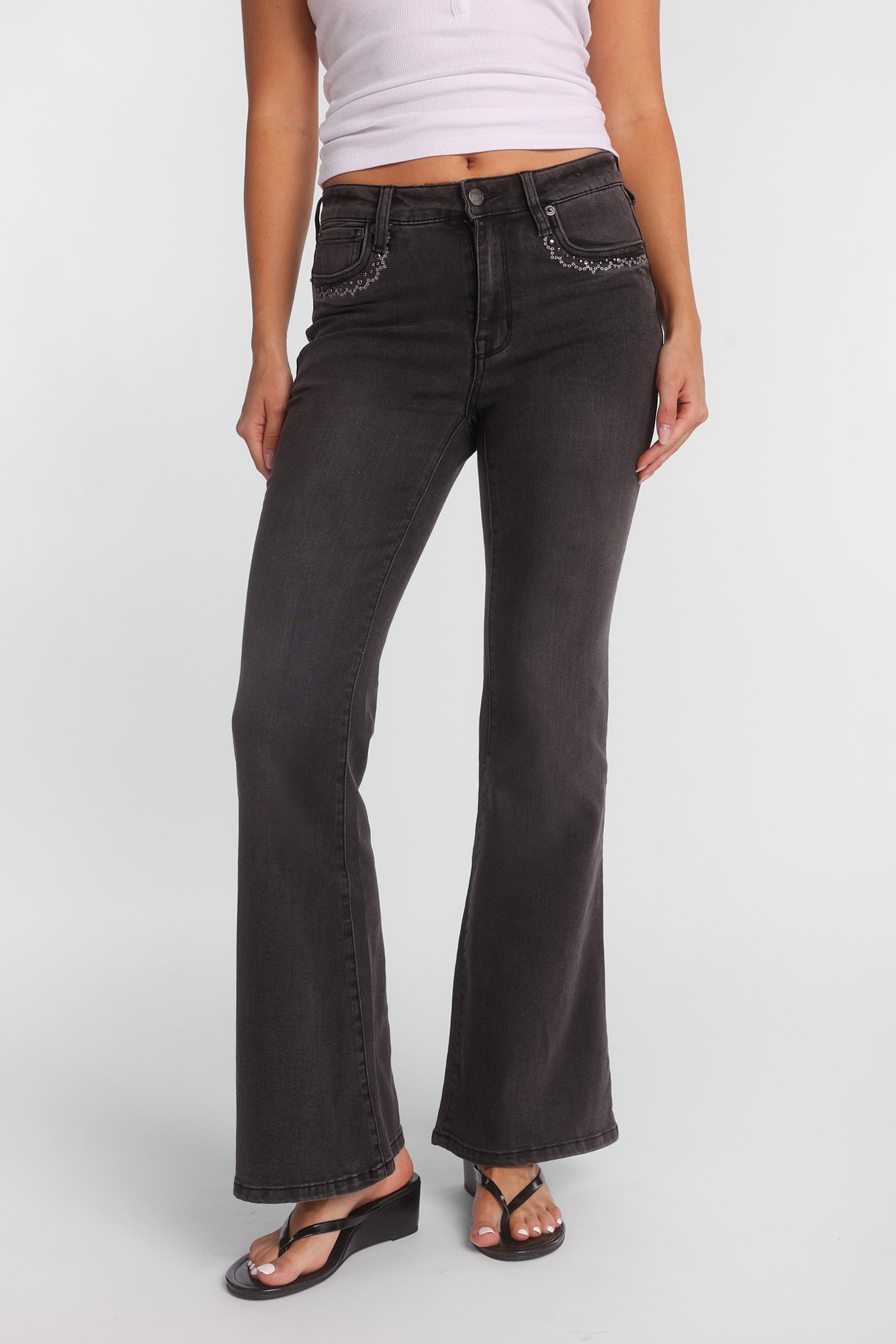 Isla Rhinestones Applique High Rise Flare Jeans