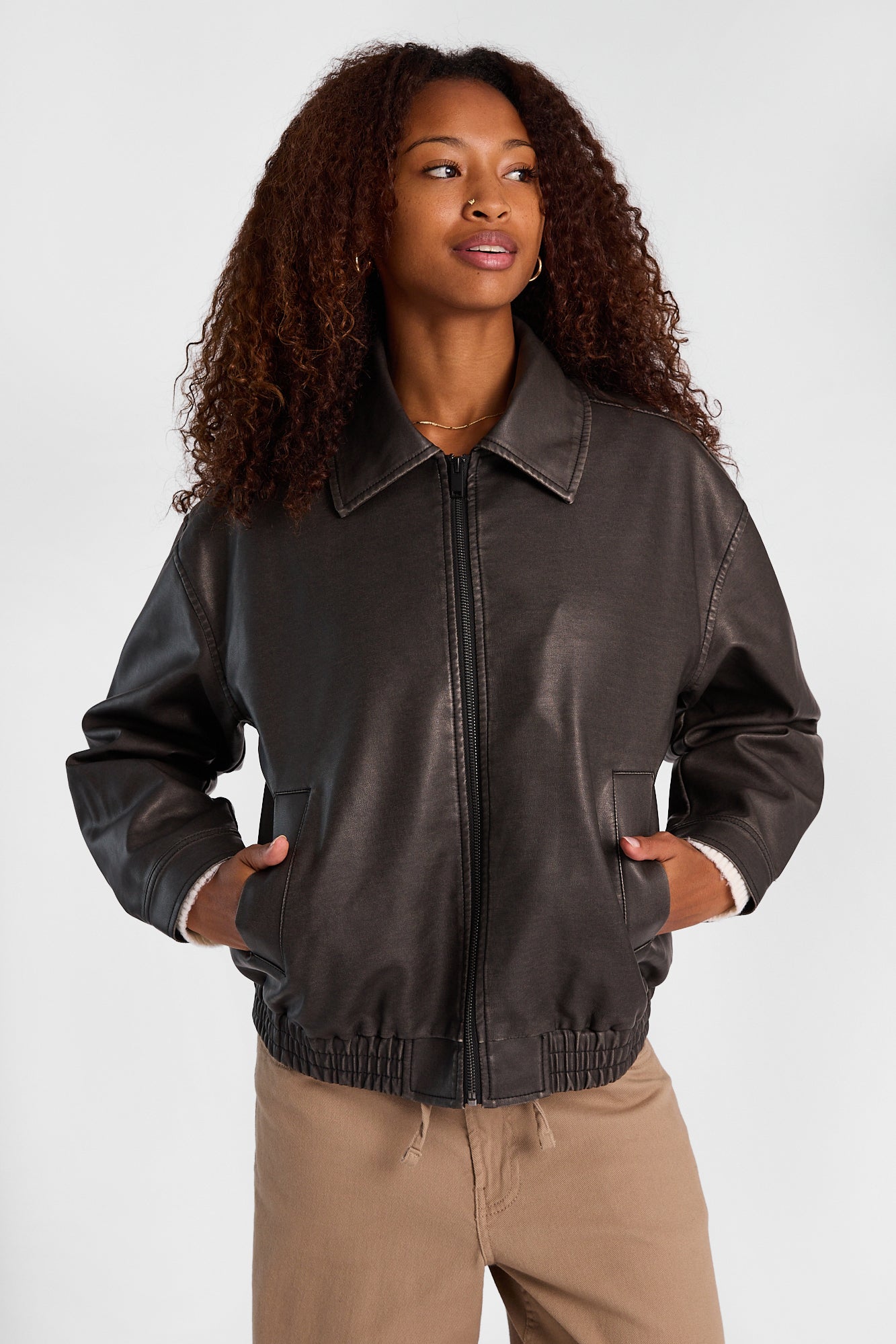 Faux-Leather Zip-Up Bomber Jacket