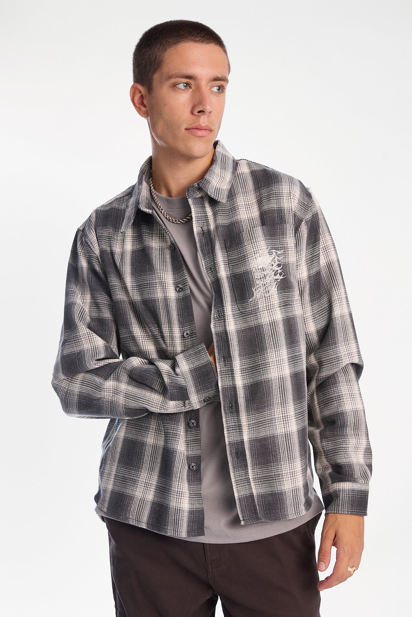 Skull Print Cotton Flannel Button-Up Boxy Shirt