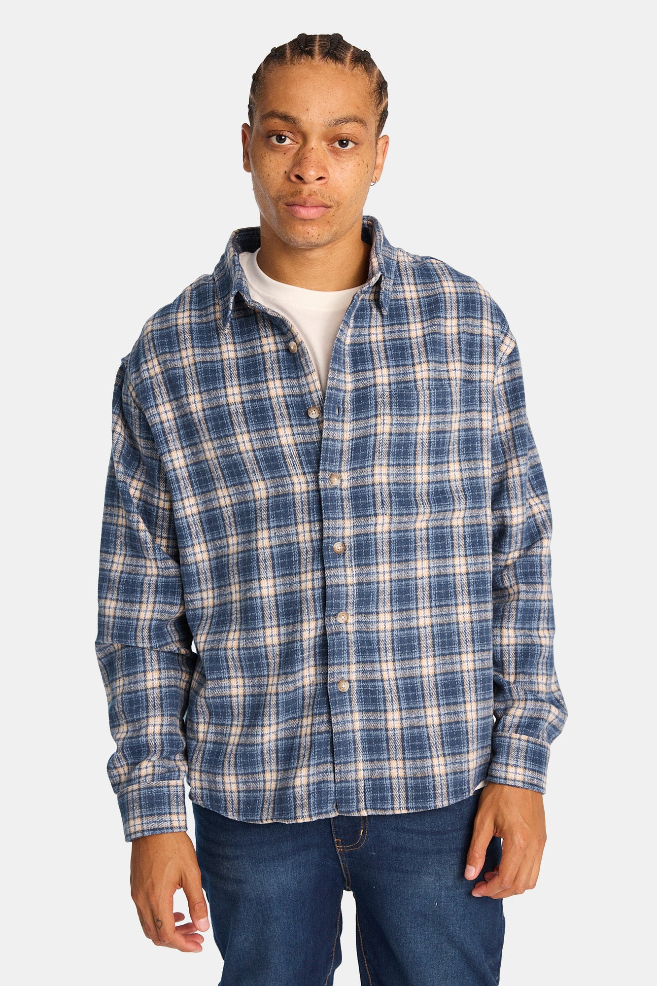 Chemise à carreaux en coton flanelle décontractée boutonnée