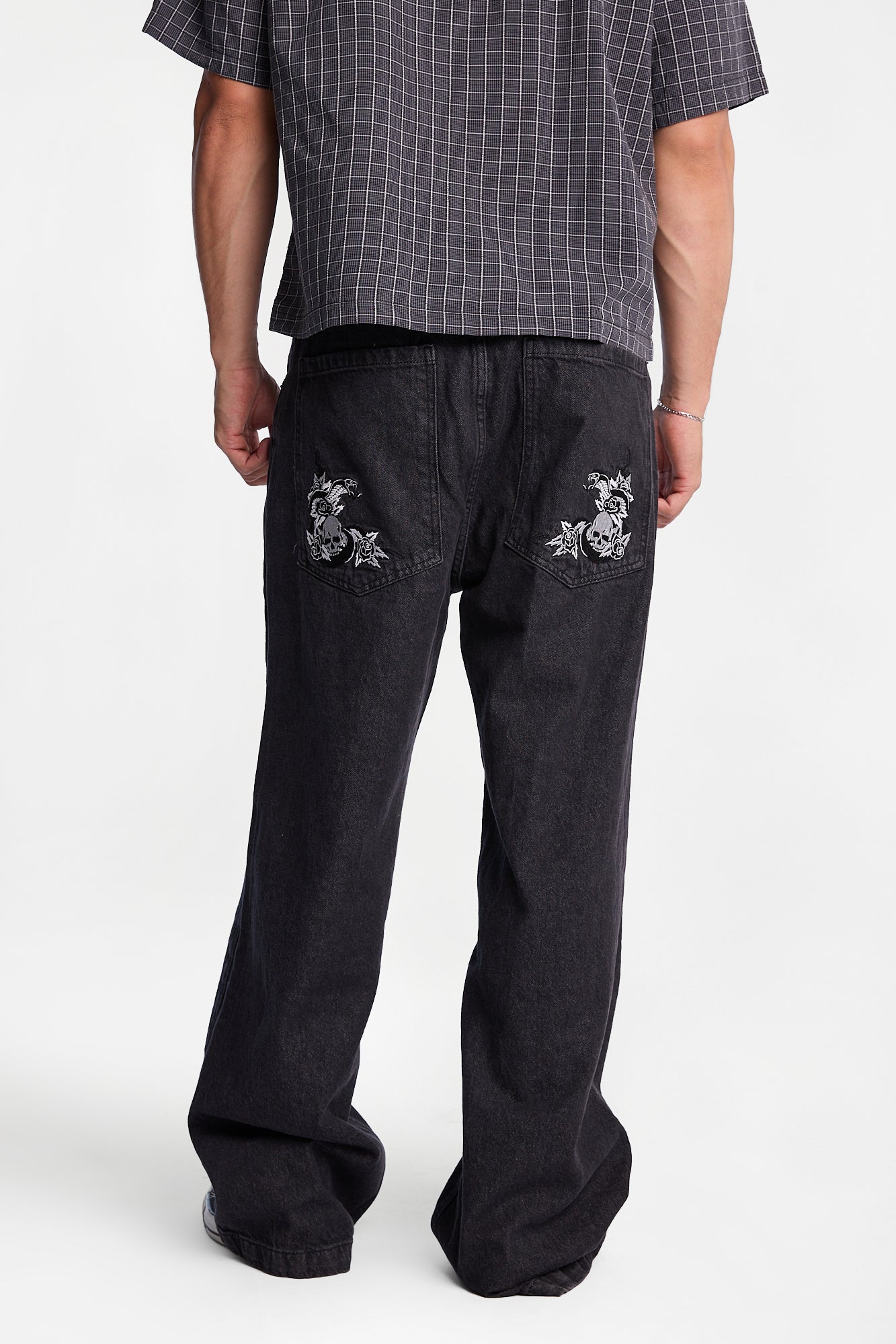Cobra Skull & Rose Embroidered Ultra-Baggy Jeans