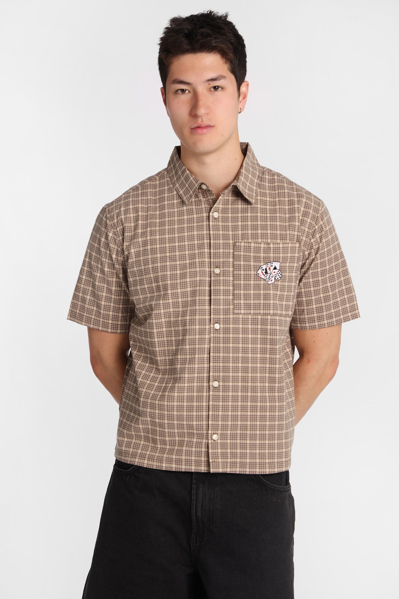 Card Embroidered Plaid Boxy Short Sleeve Shirt