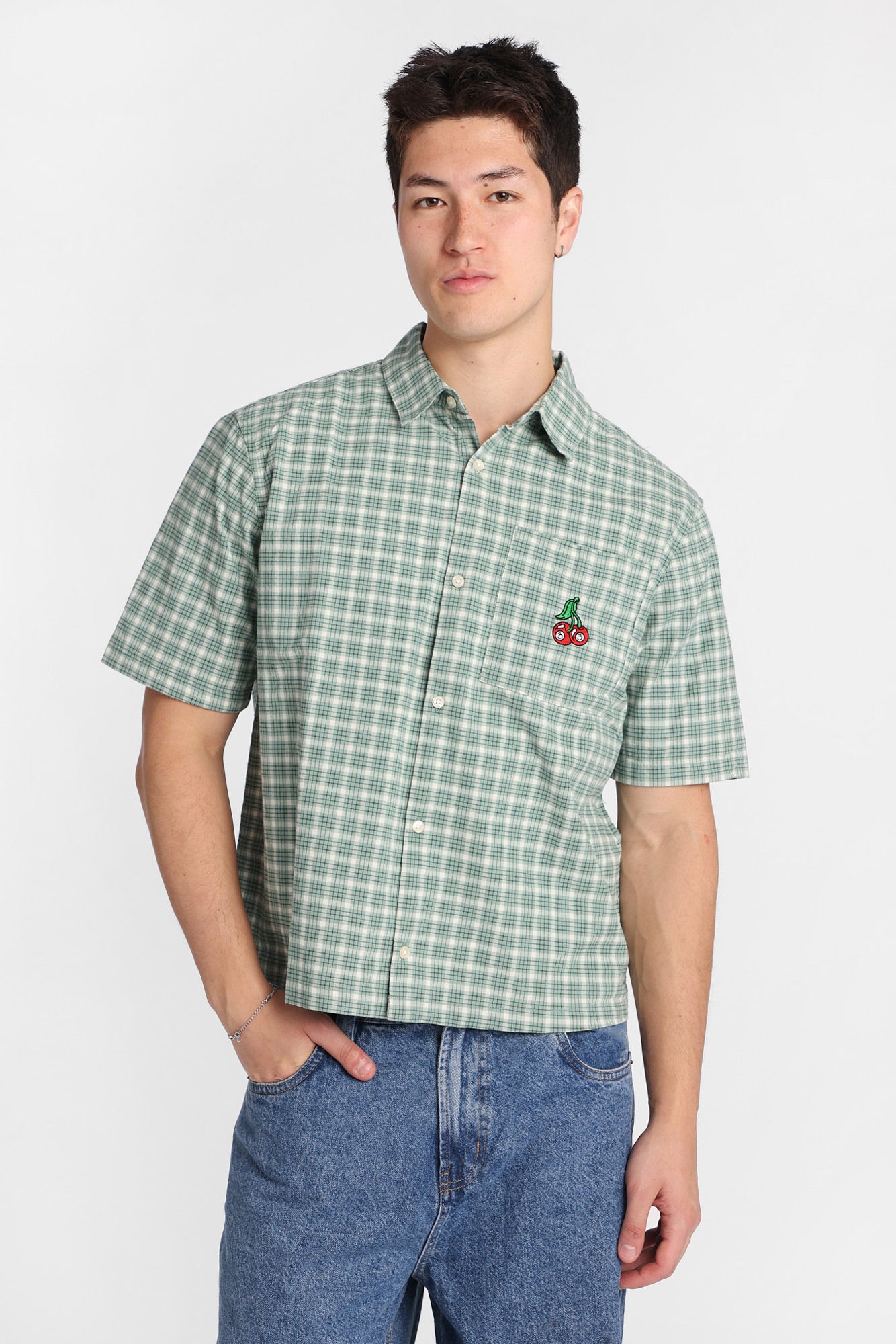 Cherry Embroidered Plaid Boxy Short Sleeve Shirt