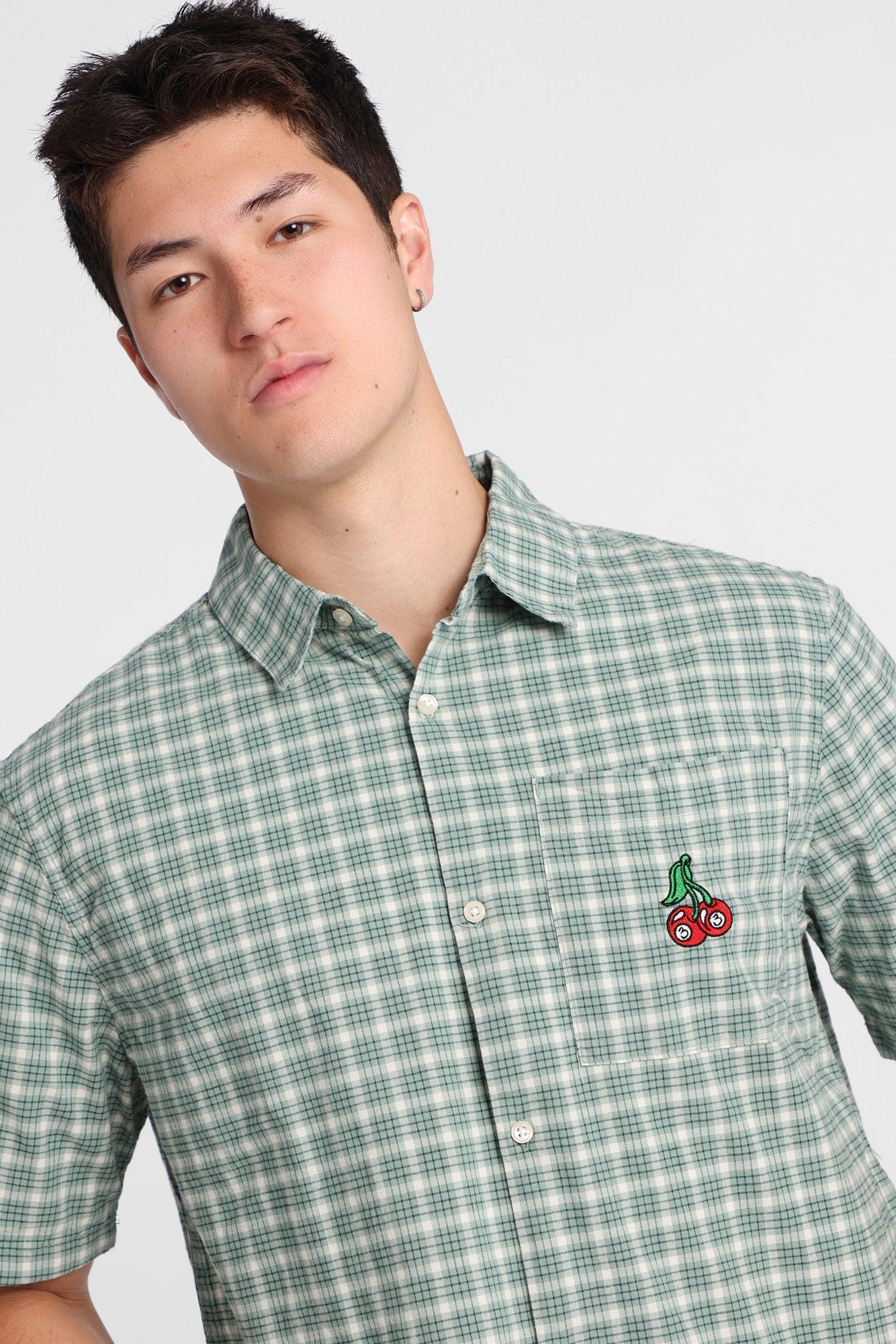 Cherry Embroidered Plaid Boxy Short Sleeve Shirt – Bluenotes
