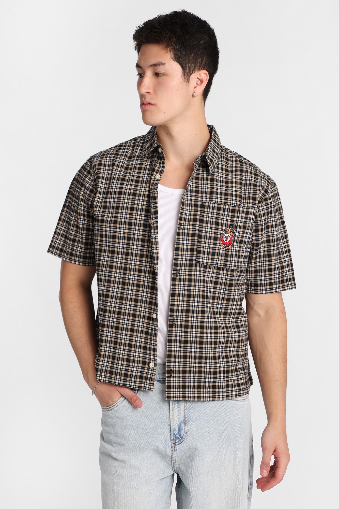 7-Ball Embroidered Plaid Boxy Short Sleeve Shirt