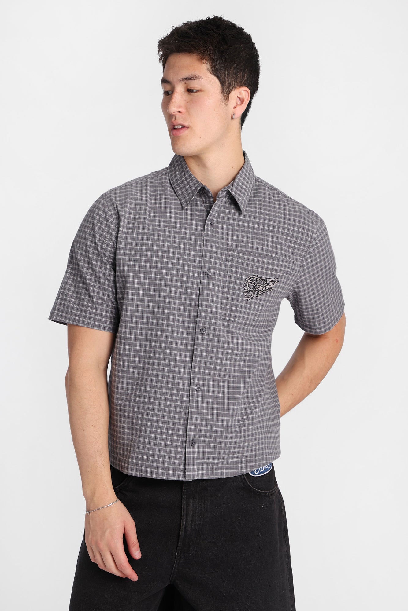 Skull Embroidered Plaid Boxy Short Sleeve Shirt