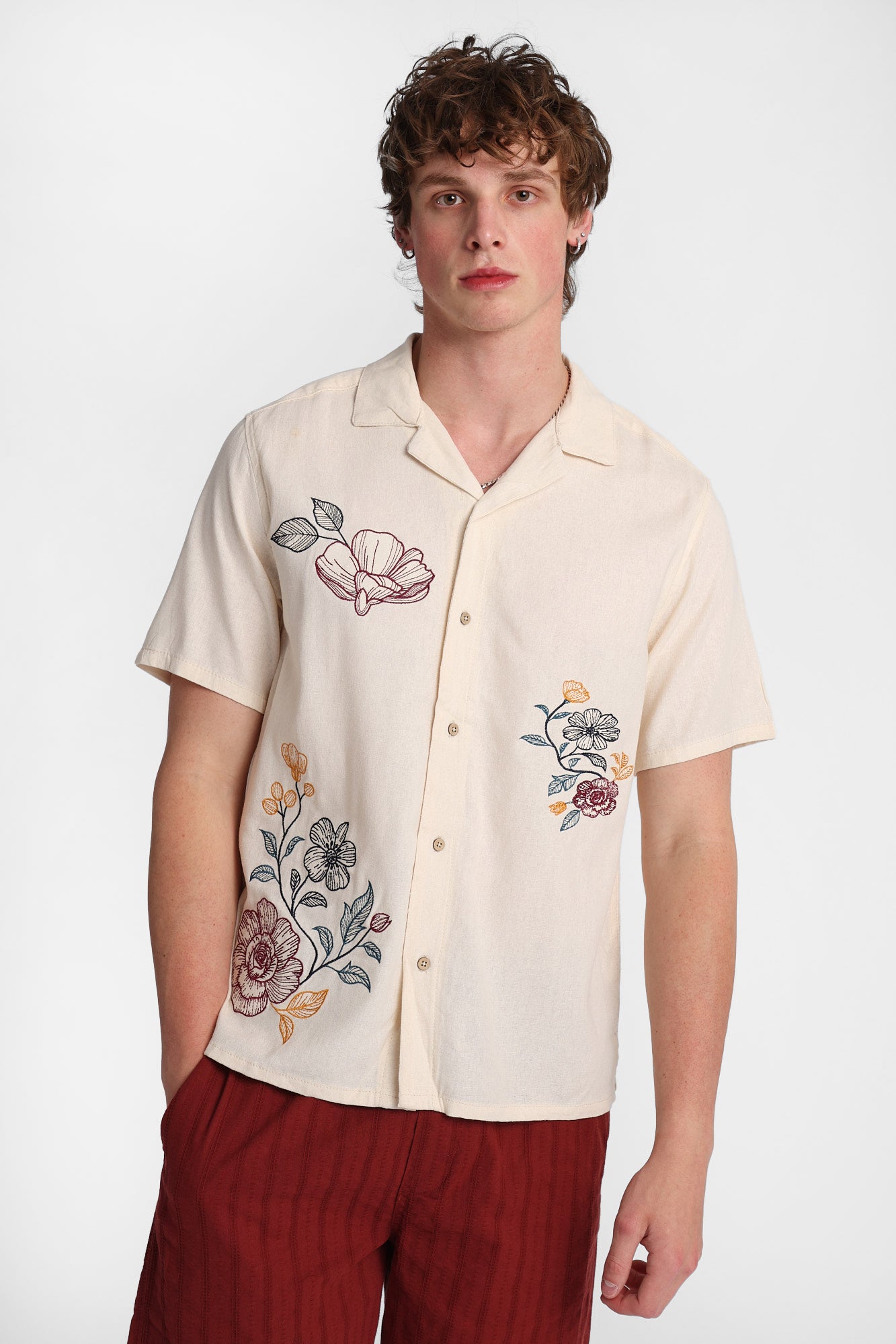 Floral Embroidered Short Sleeve Button-Up Shirt