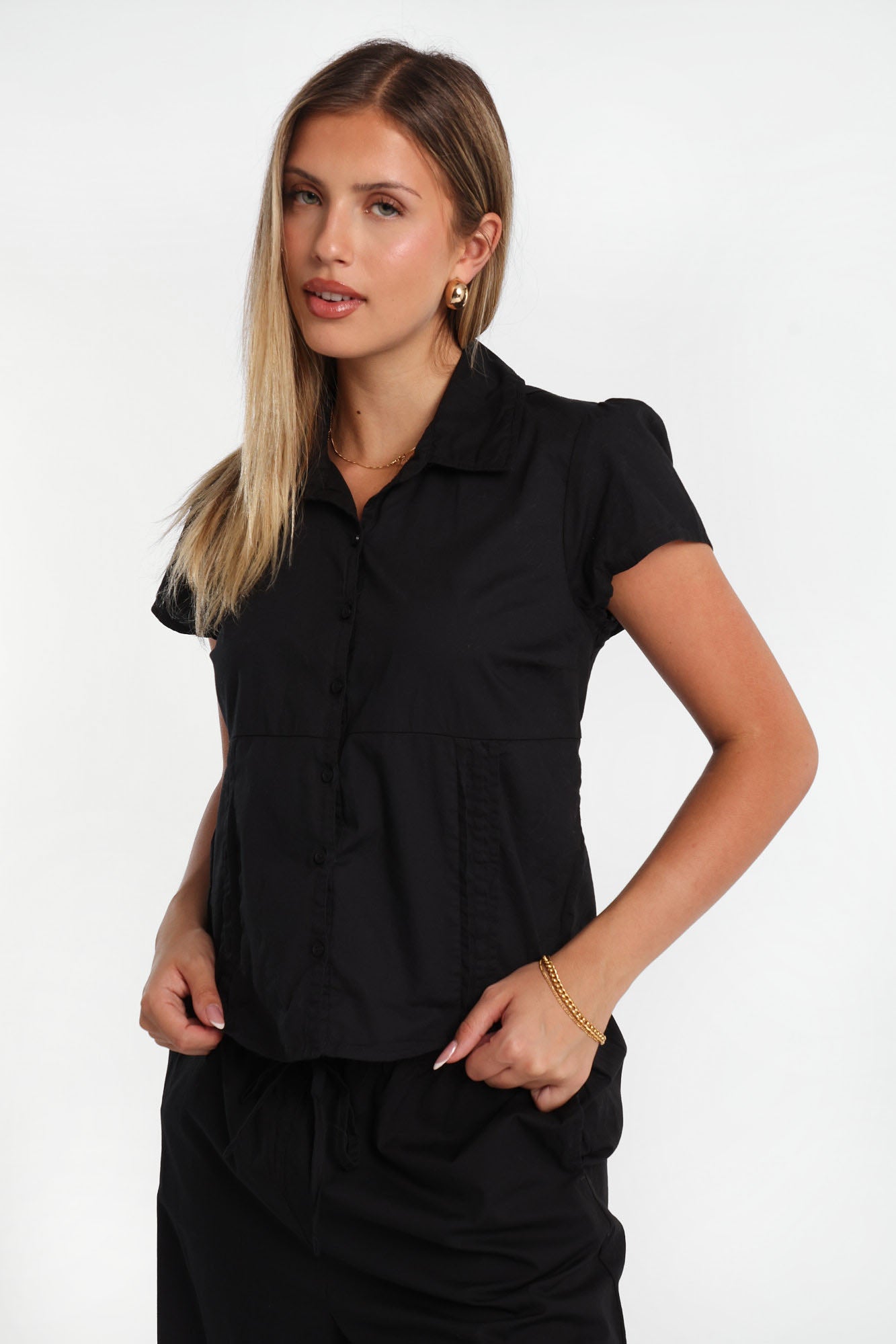 Poplin Cotton Short Sleeve Tie-Back Button-Up Shirt