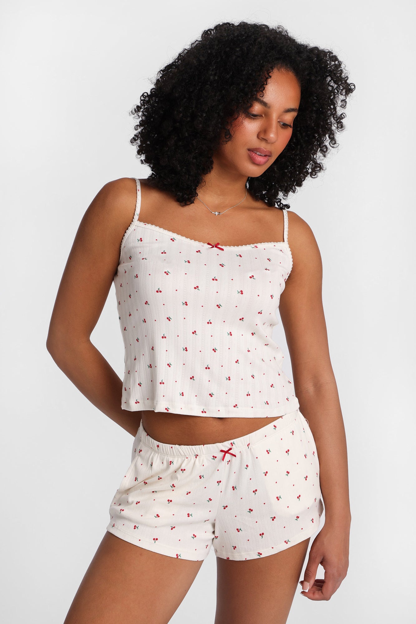 Graphic Pointelle Knit Pajama Tank Top & Shorts 2-Piece Set