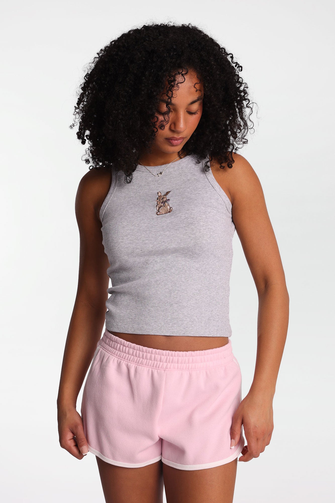 Bunny Embroidered Ribbed Knit High Neck Tank Top