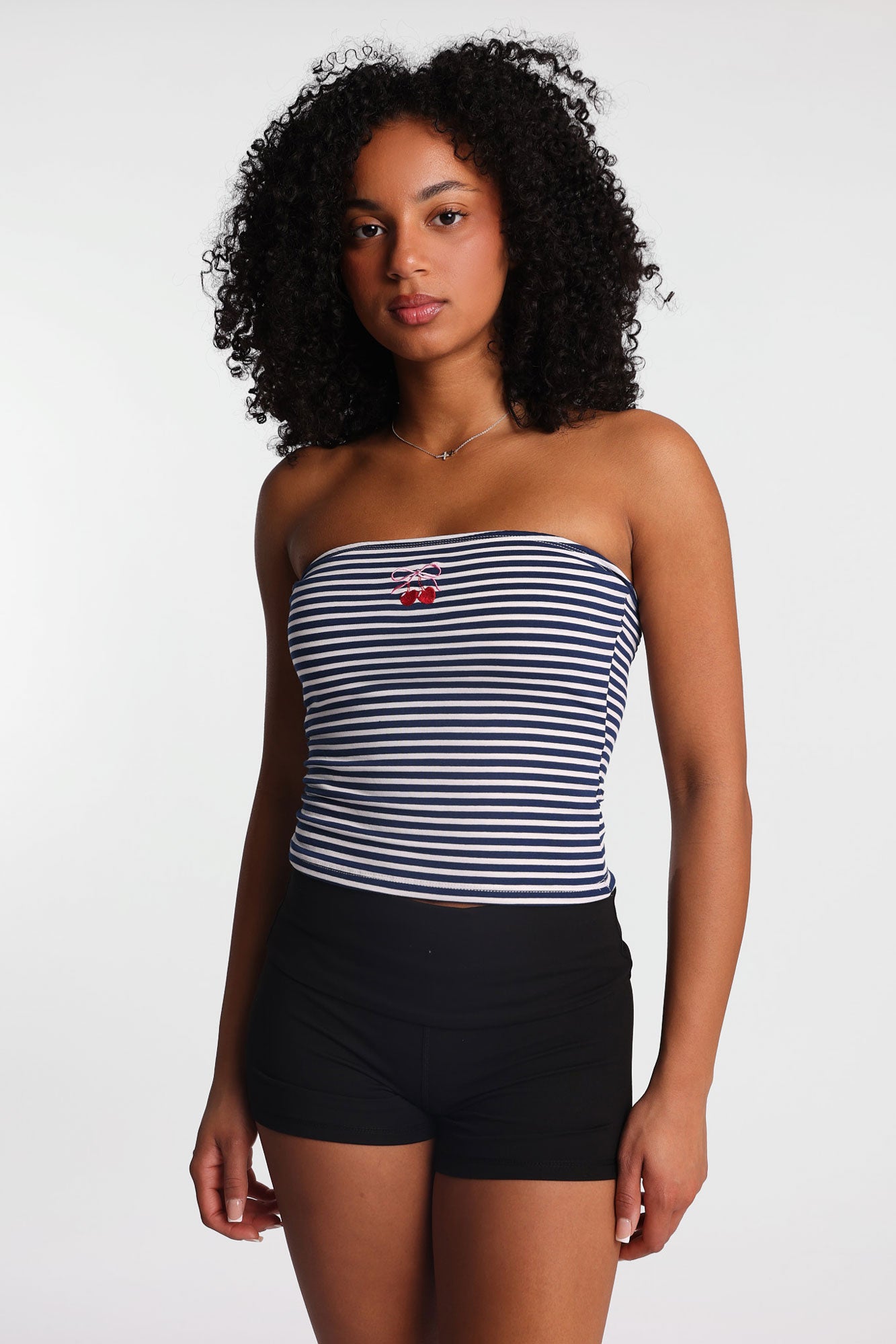 AERO Cherry & Bow Embroidered Graphic Striped Tube Top