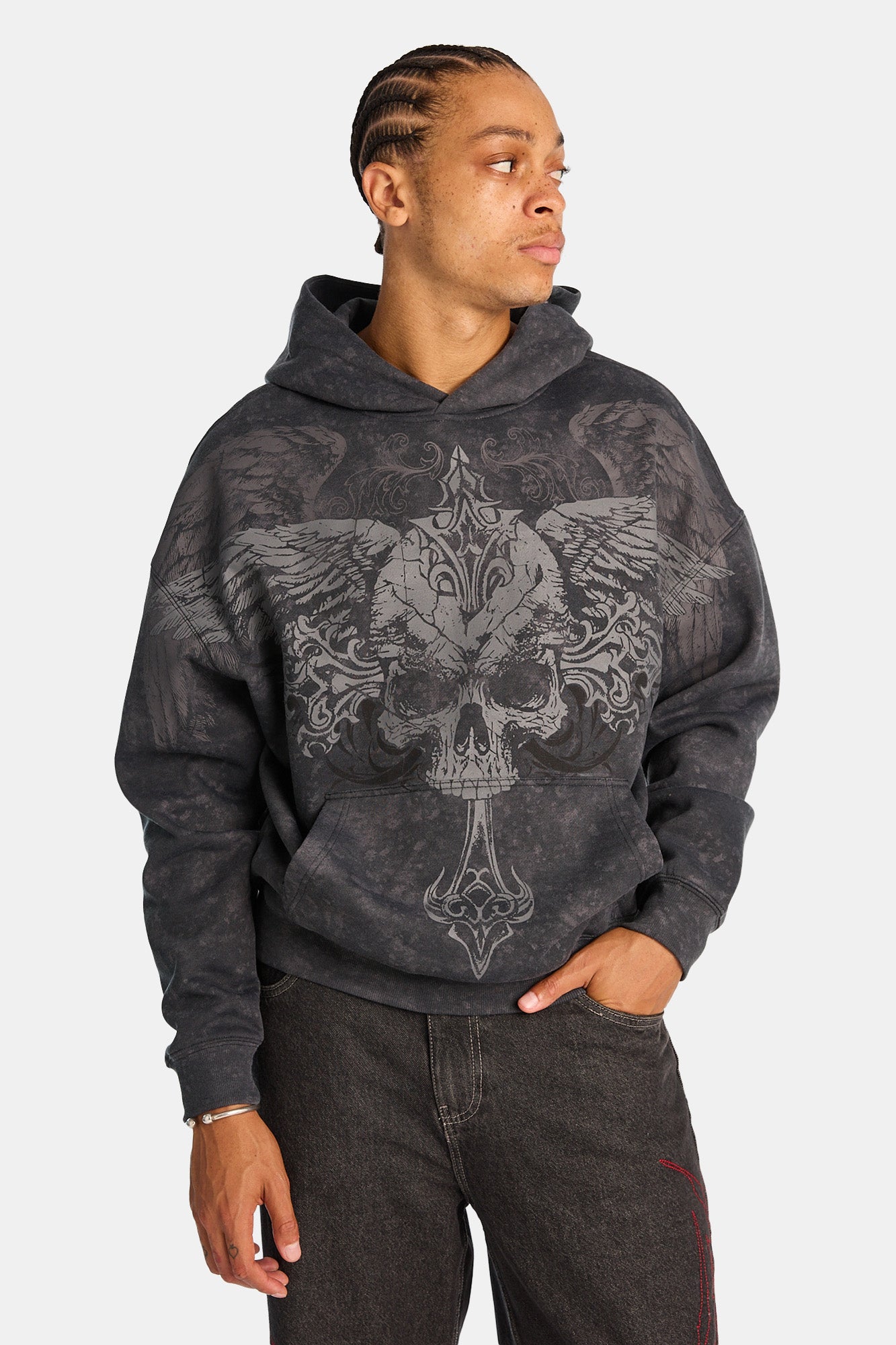 Arsenic Winged Cross Graphic Washed Boxy Hoodie