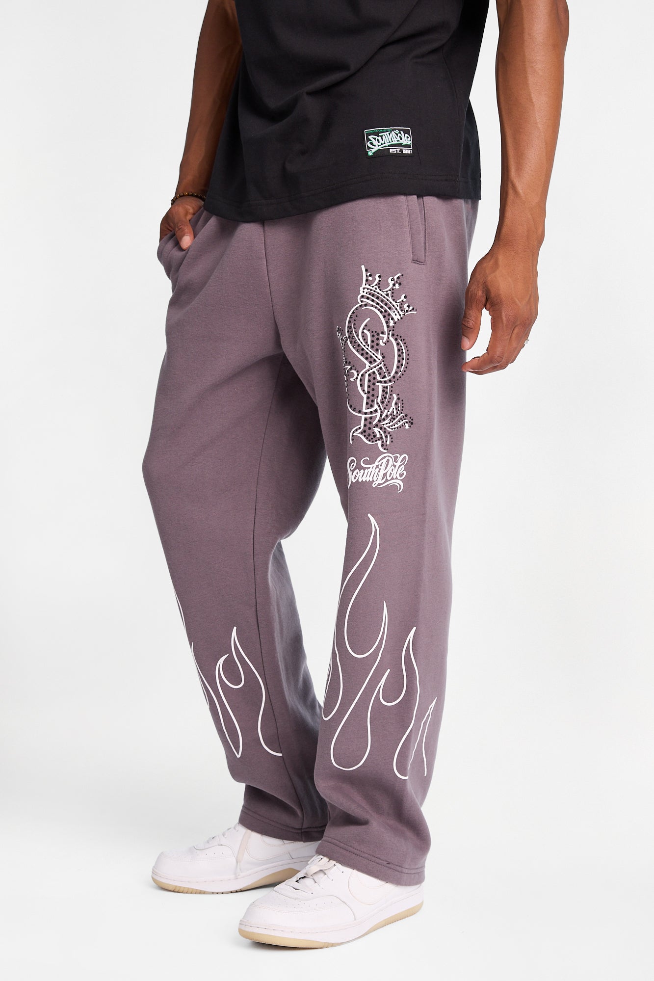 Southpole Flames Rhinestones Applique Graphic Sweatpants