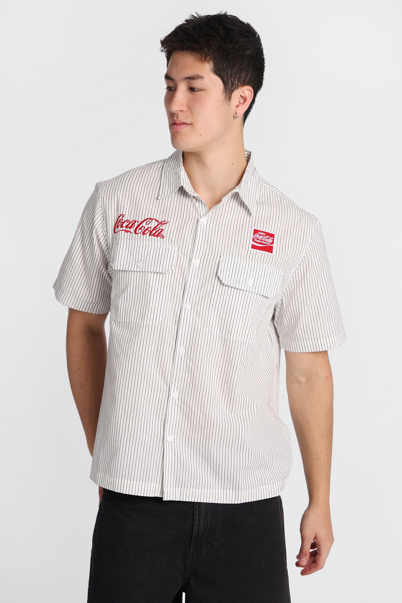 coca cola dress shirt Coca Cola Mens Button Up Down Logo Shirt Size LARGE Red White Short Sleeve  Coke
